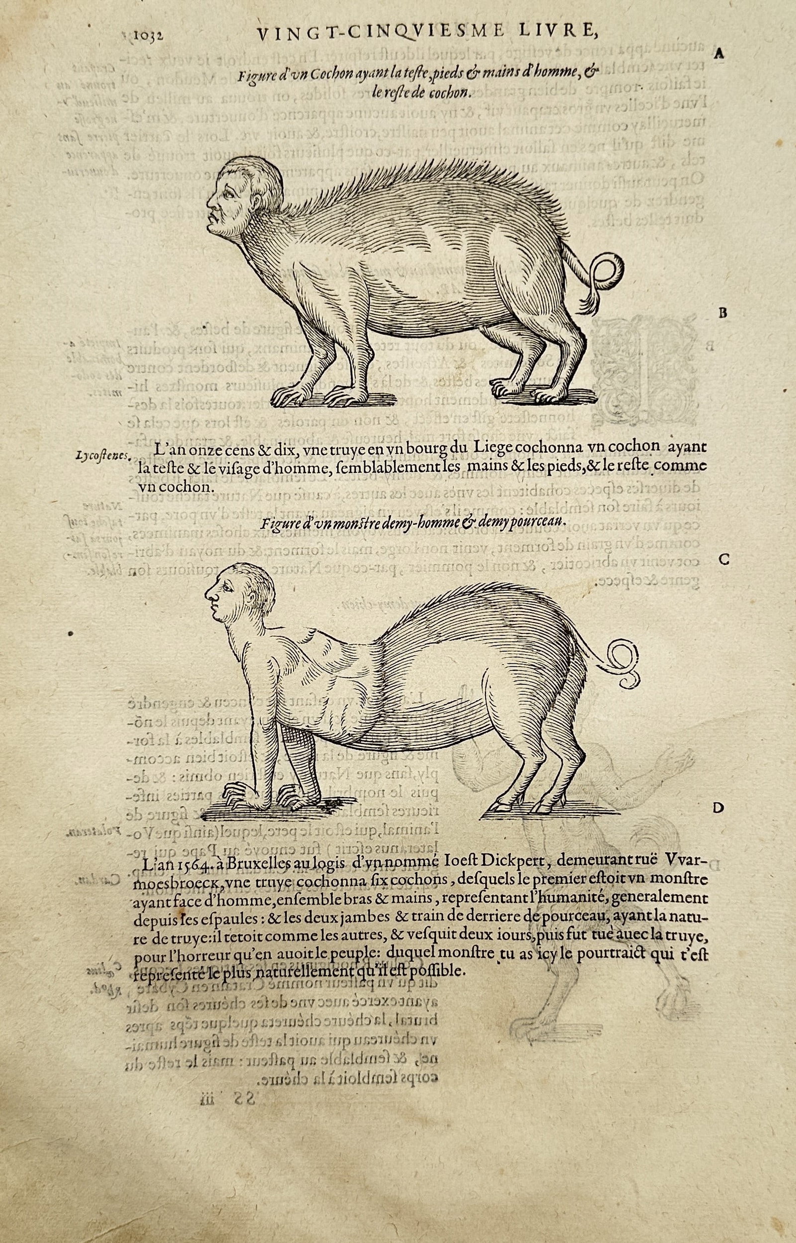 Ambroise Paré (1510–1590) – Studies of Mythological and Monstrous Creatures – Woodcut: "Figure d'un Cochon Ayant la Teste, Pieds & Mains d'Homme, Figure d'un Monstre Demy-Homme & Demy-Pourceau" illustrates a broad overview of two distinct legendary half-human, half-swine creatures arran