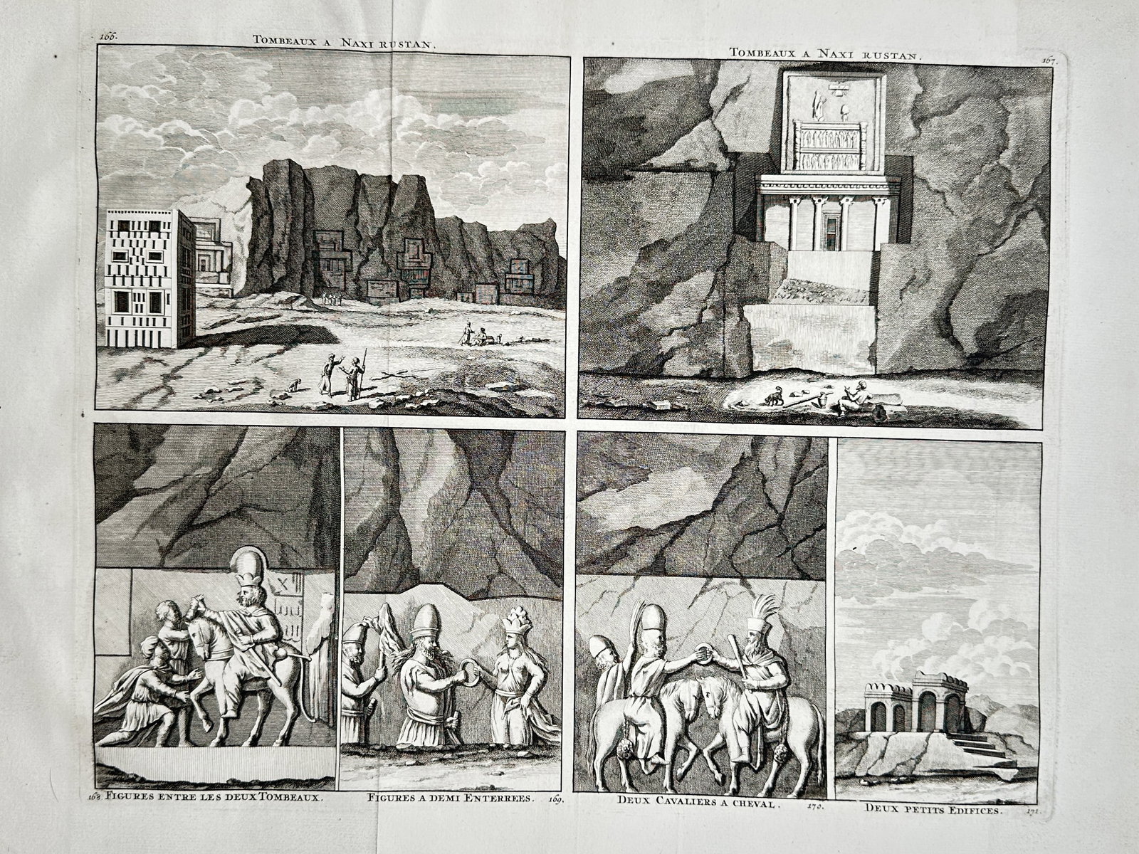 Cornelis de Bruijn (1652–1727) – Studies of Tombs and Bas-Reliefs at Naqsh-e Rostam: "Tombeaux a Naxi Rustan" illustrates a broad overview of several views and monumental bas-reliefs from an ancient Persian archaeological site. The multi-compartment plate features panoramic landscapes