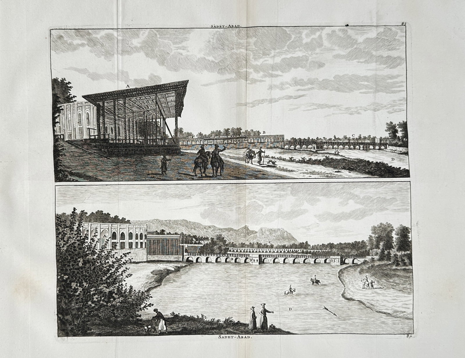 Cornelis de Bruijn (1652–1727) – Views of the Palace and Bridge at Saadat Abad – Copper: "Sadet-Abad" illustrates a broad overview of the royal Safavid palace complex and its surrounding grounds along the Zayandehrud river in Isfahan. The multi-compartment plate presents two landscape per