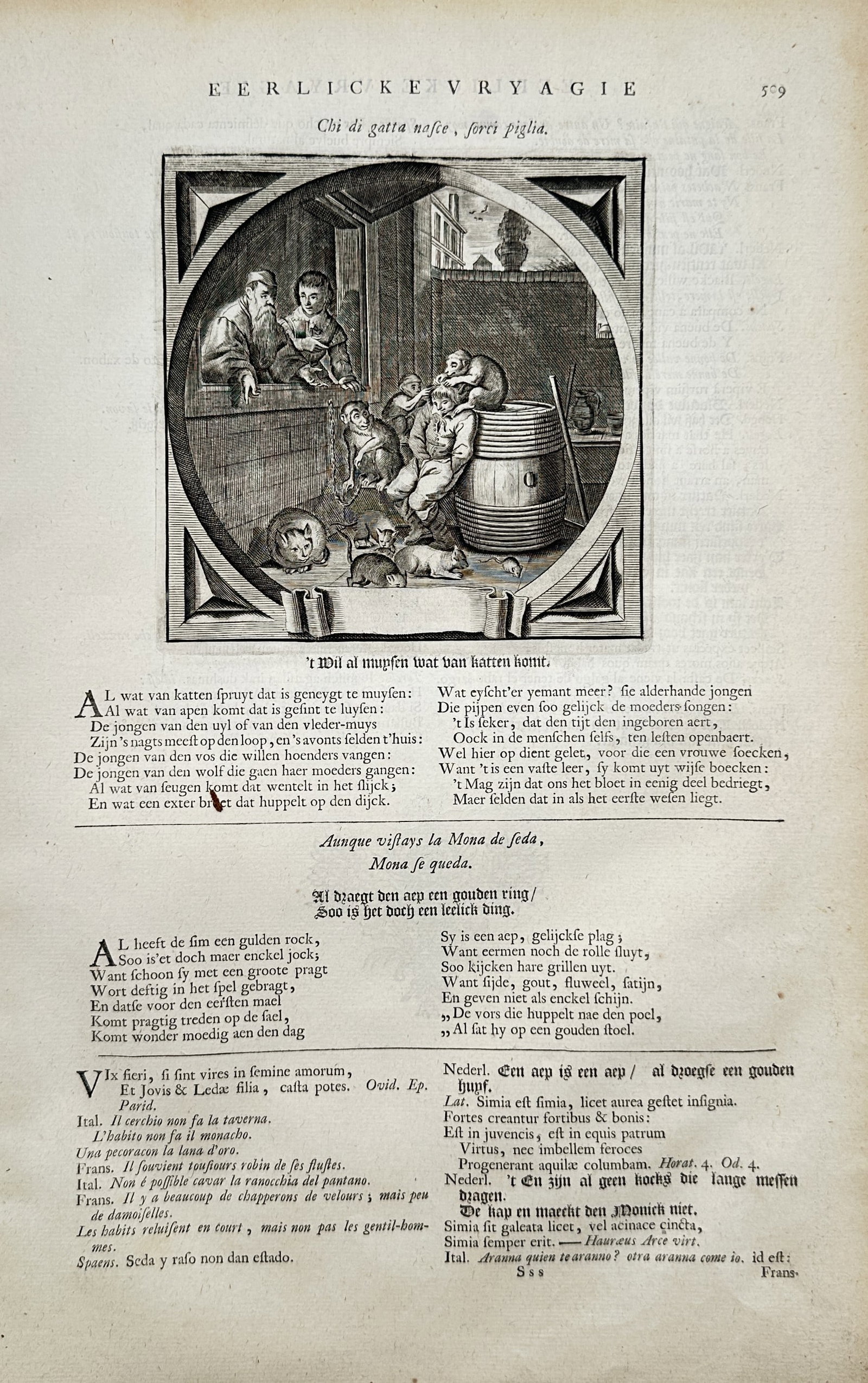 Jacob Cats (1577–1660) – Emblematic Moral Scene on Human Nature – Copper engraving (c. 1650): "Eerlijcke Vryagie" illustrates a broad overview of a multi-figure domestic scene framed inside an decorative circular emblem surrounded by extensive moralizing verses in Dutch, Latin, Italian, and Fr