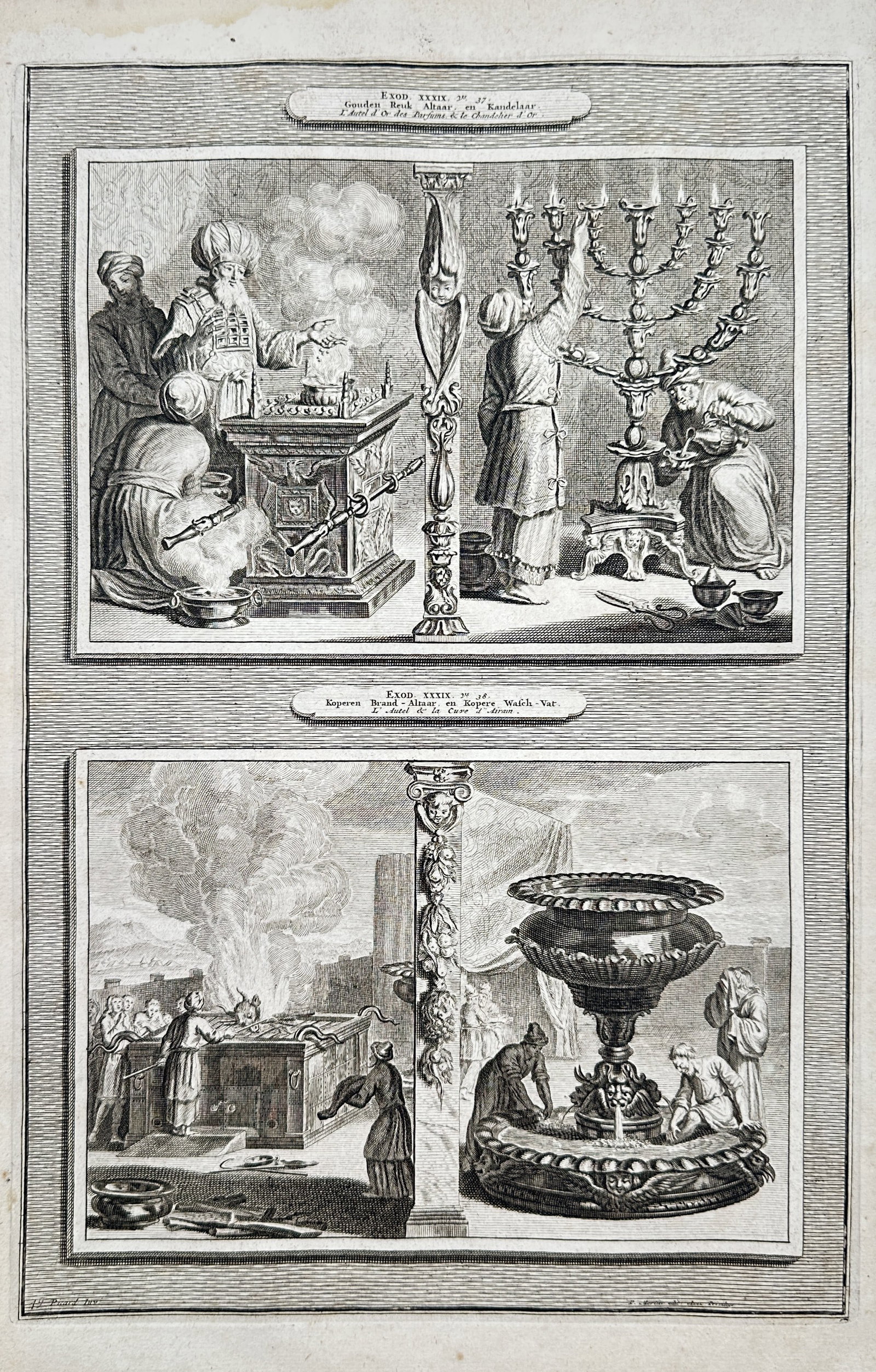 Pietro Mortier (1661–1711) – Scenes of Tabernacle Furnishings and Rituals – Copper engraving (1 of 2)
