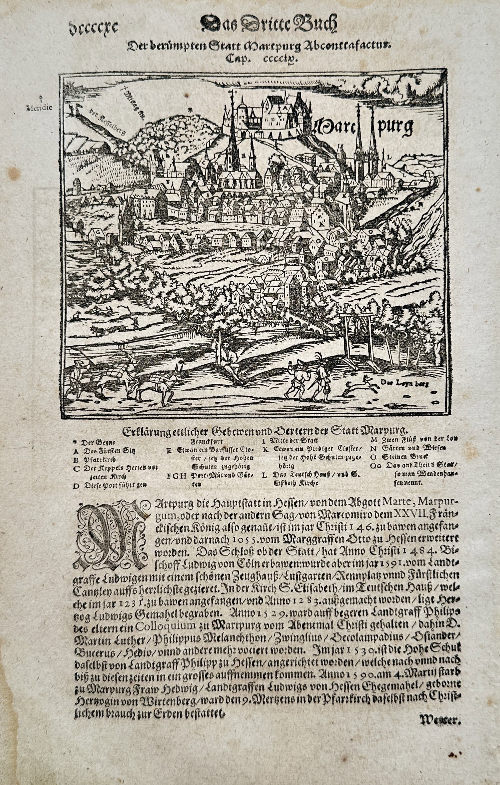 Sebastian Münster (1488–1552) – View of Marburg – Woodcut (c. 1550) (1 of 2)