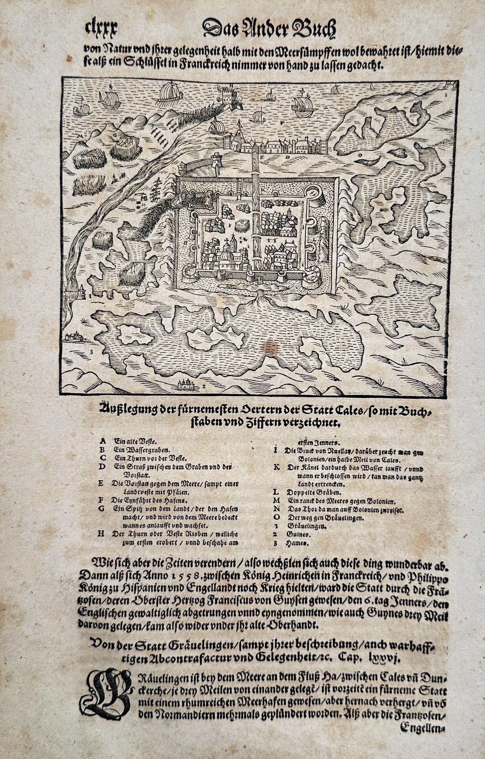 Sebastian Münster (1488–1552) – Map and View of Calais – Woodcut (c. 1550) (1 of 2)