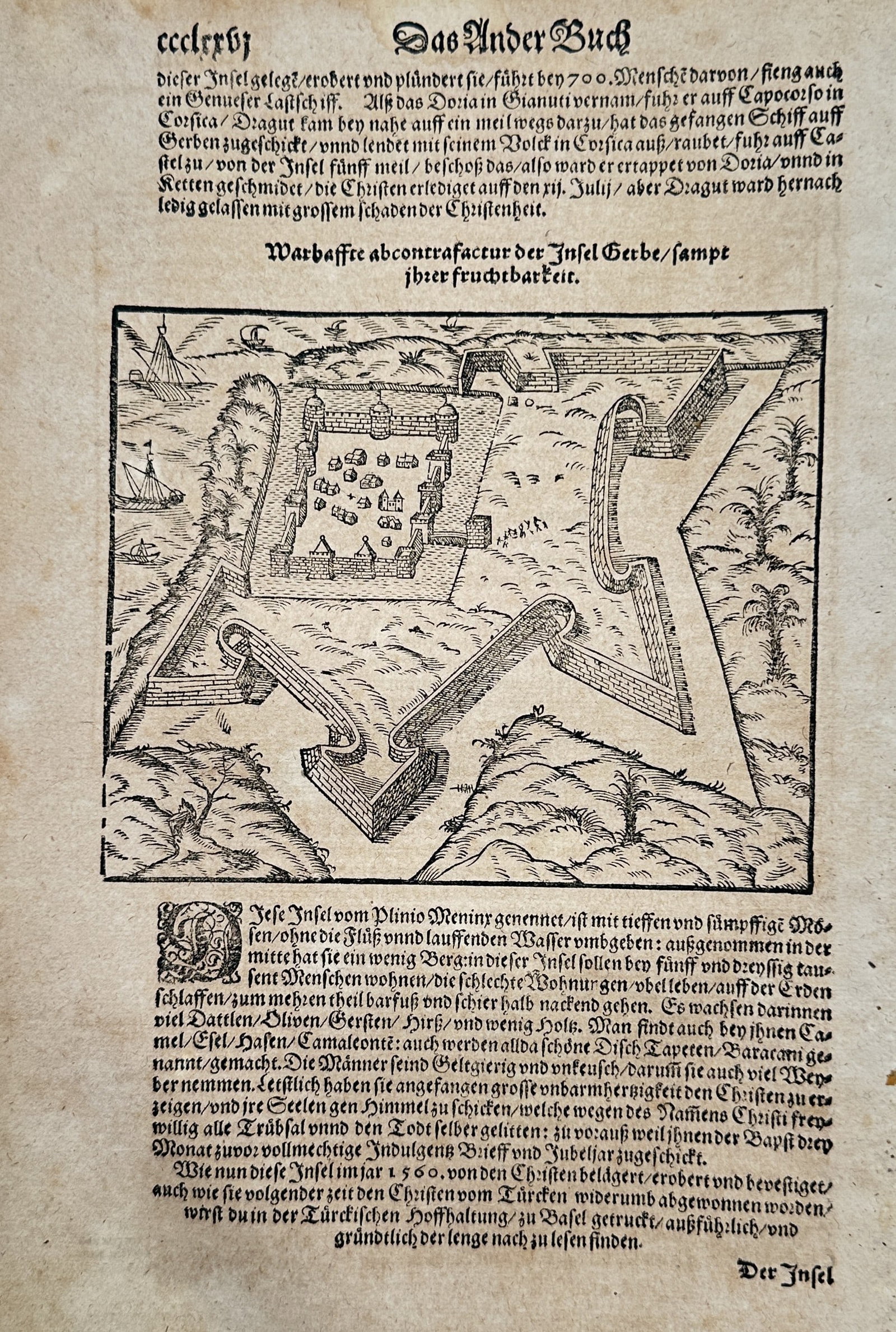 Sebastian Münster (1488–1552) – Map and View of Djerba – Woodcut (c. 1560) (1 of 2)