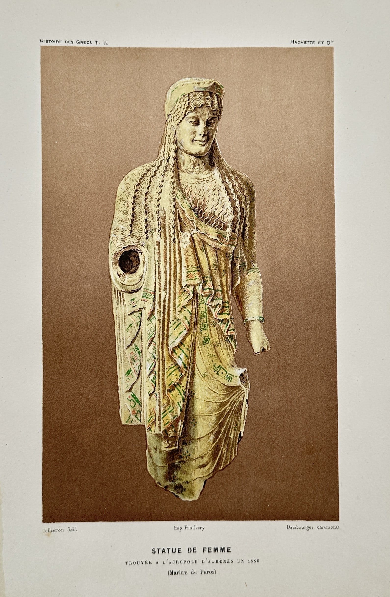 Victor Duruy (1811–1894) – Study of an Archaic Greek Statue of a Woman – Chromolithograph (1 of 2)