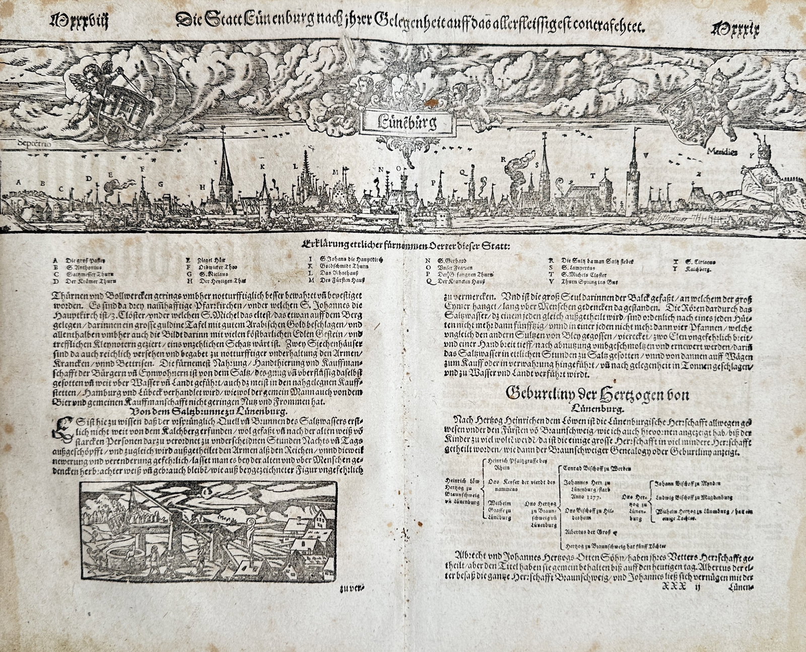 Sebastian Münster (1488–1552) – Panoramic View and Chronicle of Lüneburg – Woodcut: "Die Statt Lüneburg nach ihrer Gelegenheit auff das allerfleissigest contrafactet" illustrates a broad overview of a historical German cityscape and regional history documenting the fortified town of