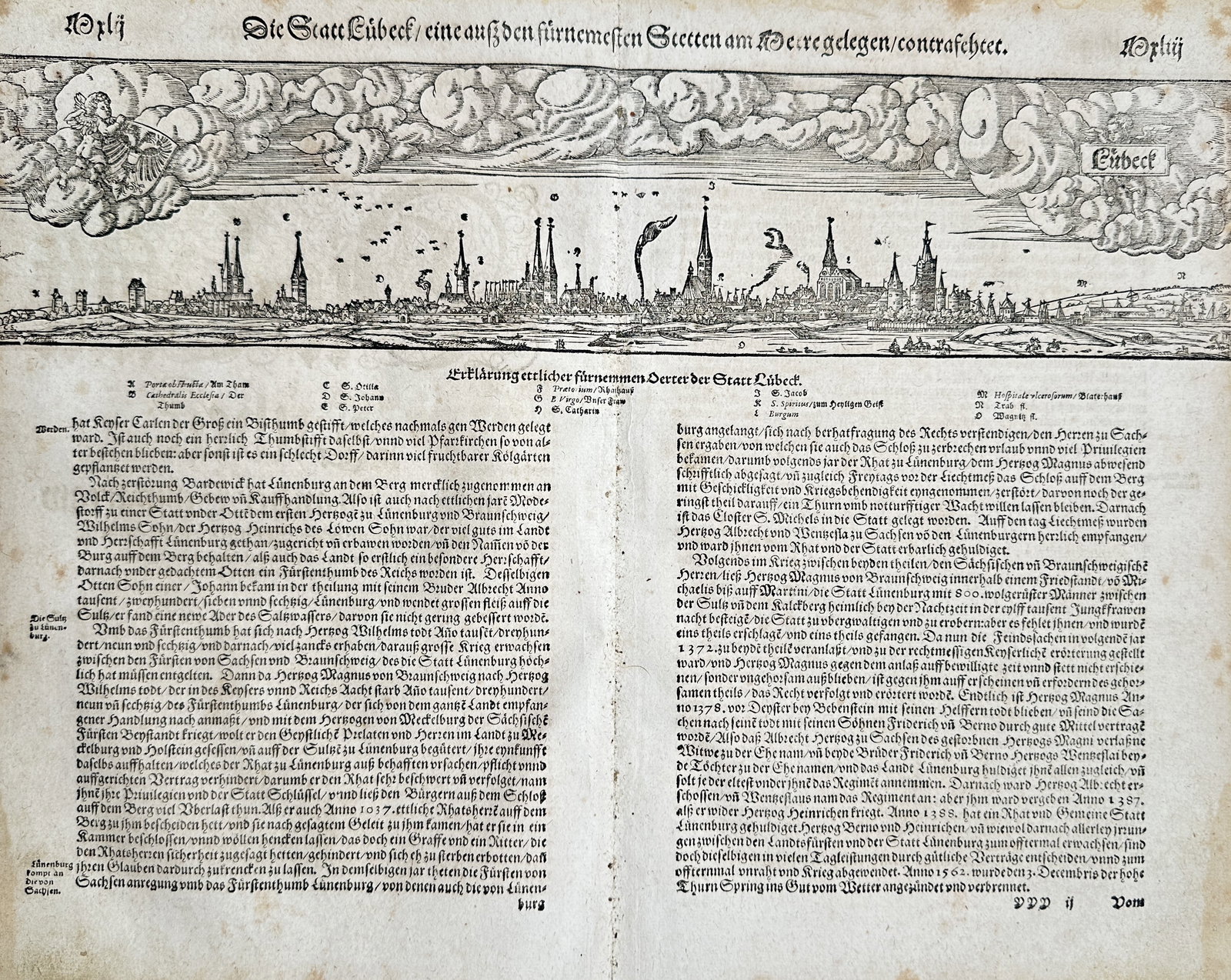 Sebastian Münster (1488–1552) – Panoramic View and Chronicle of Lübeck – Woodcut: "Die Statt Lübeck/eine aus den fürnemesten Stetten am Meer gelegen/contrafactet" illustrates a broad overview of a historical German Hanseatic cityscape and regional history documenting the fortifie