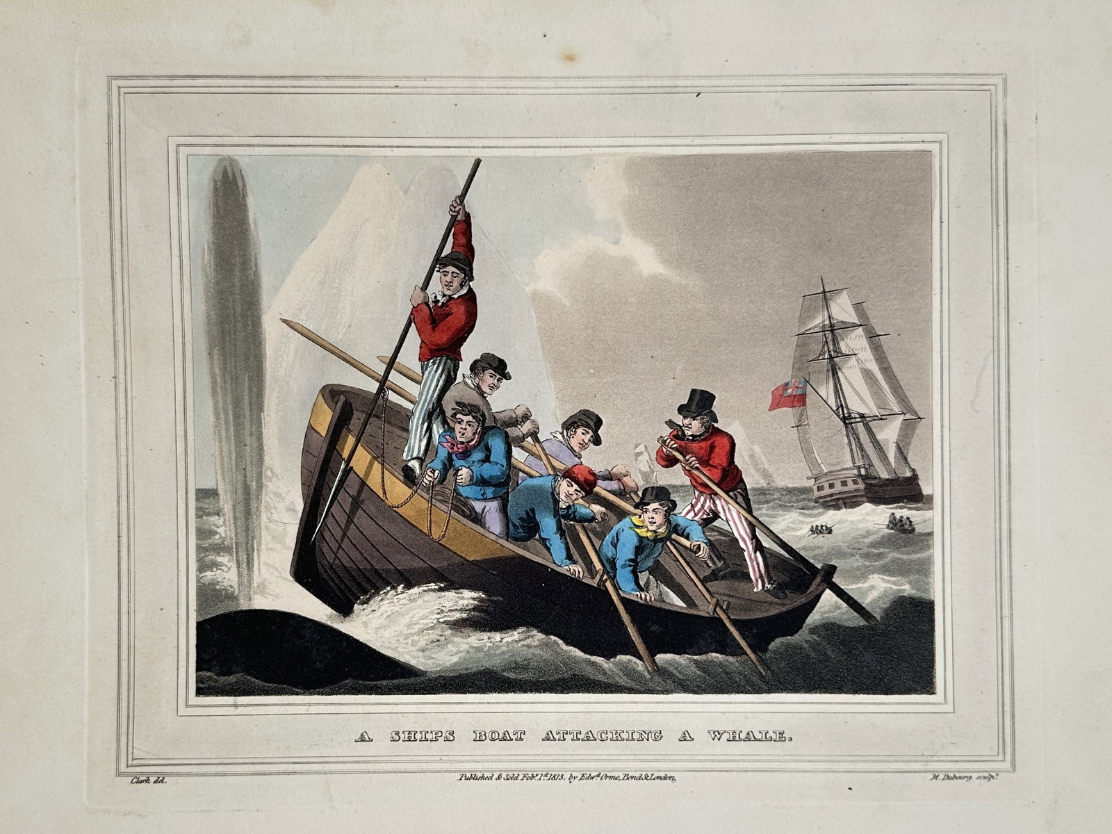John Heaviside Clark (c. 1771–1863) – A Ship's Boat Attacking a Whale – Hand-coloured aquatint (1 of 2)