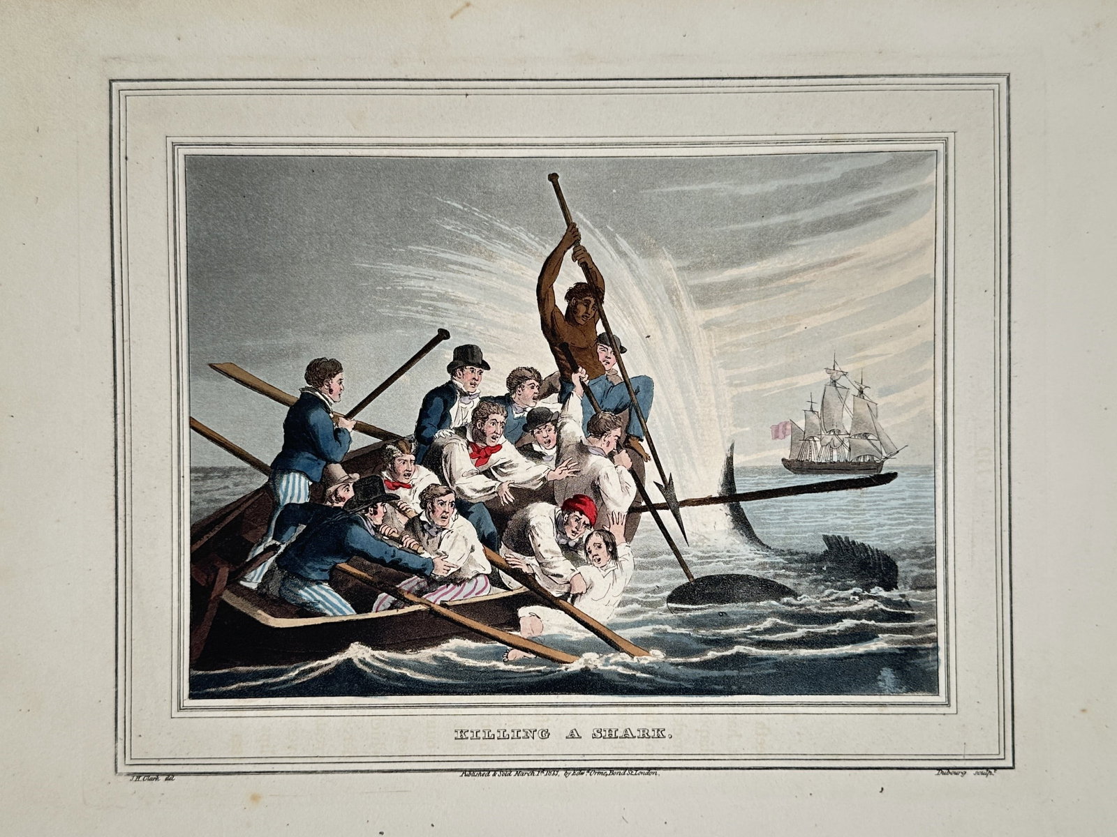 John Heaviside Clark (c. 1771–1863) – Killing a Shark – Hand-coloured aquatint (1813) (1 of 2)