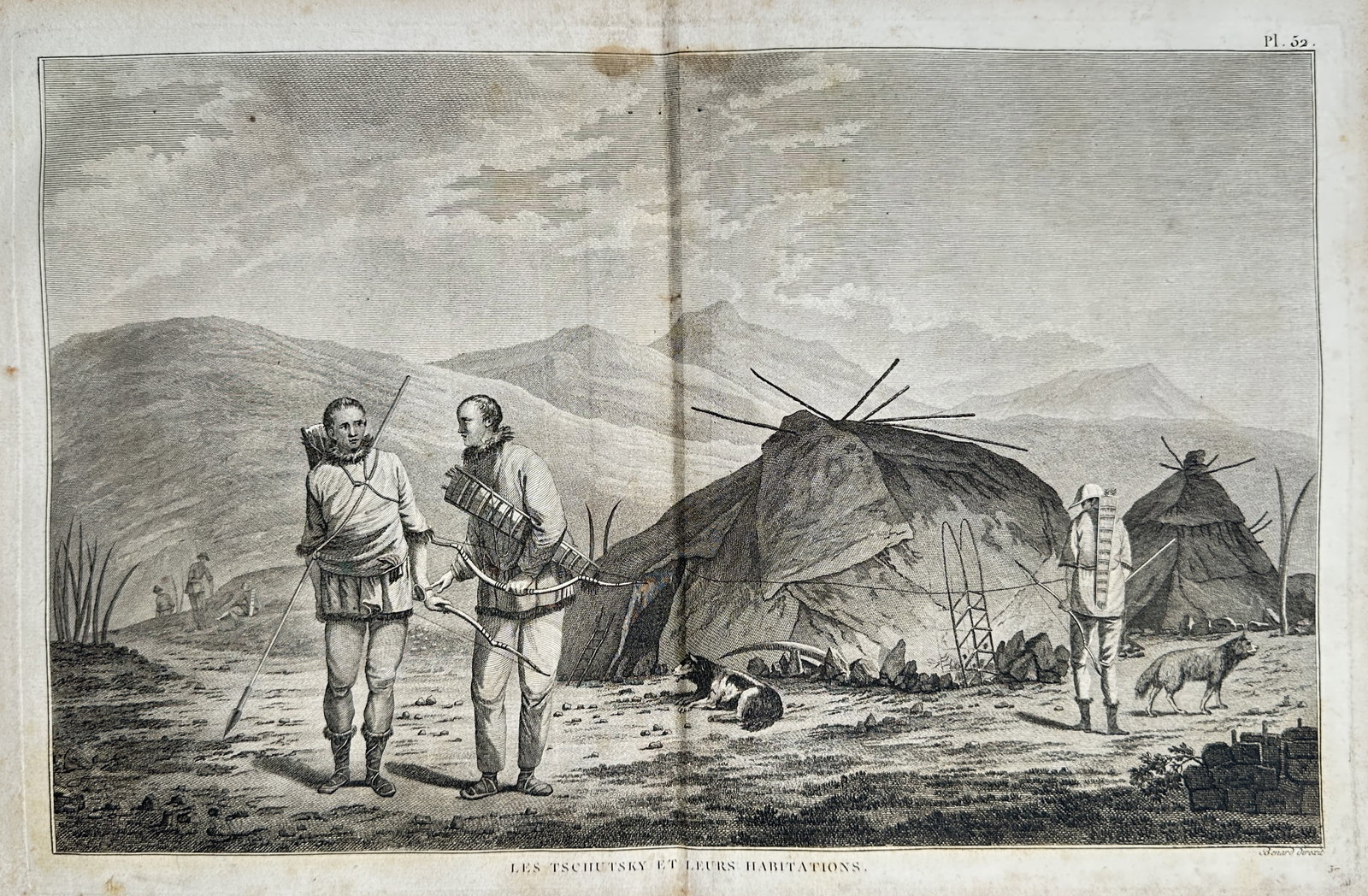 John Webber (1751–1793) – The Chukchi and Their Habitations – Copper engraving (c. 1784): "Les Tschutsky et Leurs Habitations" illustrates a broad overview of an ethnographic landscape documenting the indigenous Chukchi people of northeastern Siberia encountered during Captain James Cook's