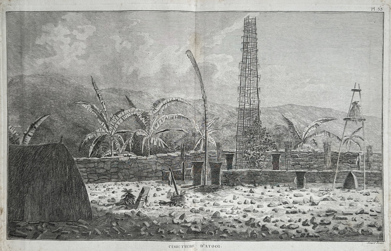 John Webber (1751–1793) – The Cemetery of Atooi – Copper engraving (c. 1784): "Cimetiere d'Atooi" illustrates a broad overview of an ethnographic sacred landscape documenting a ceremonial burial ground or heiau on the island of Kauai, historically referred to as Atooi, encounte