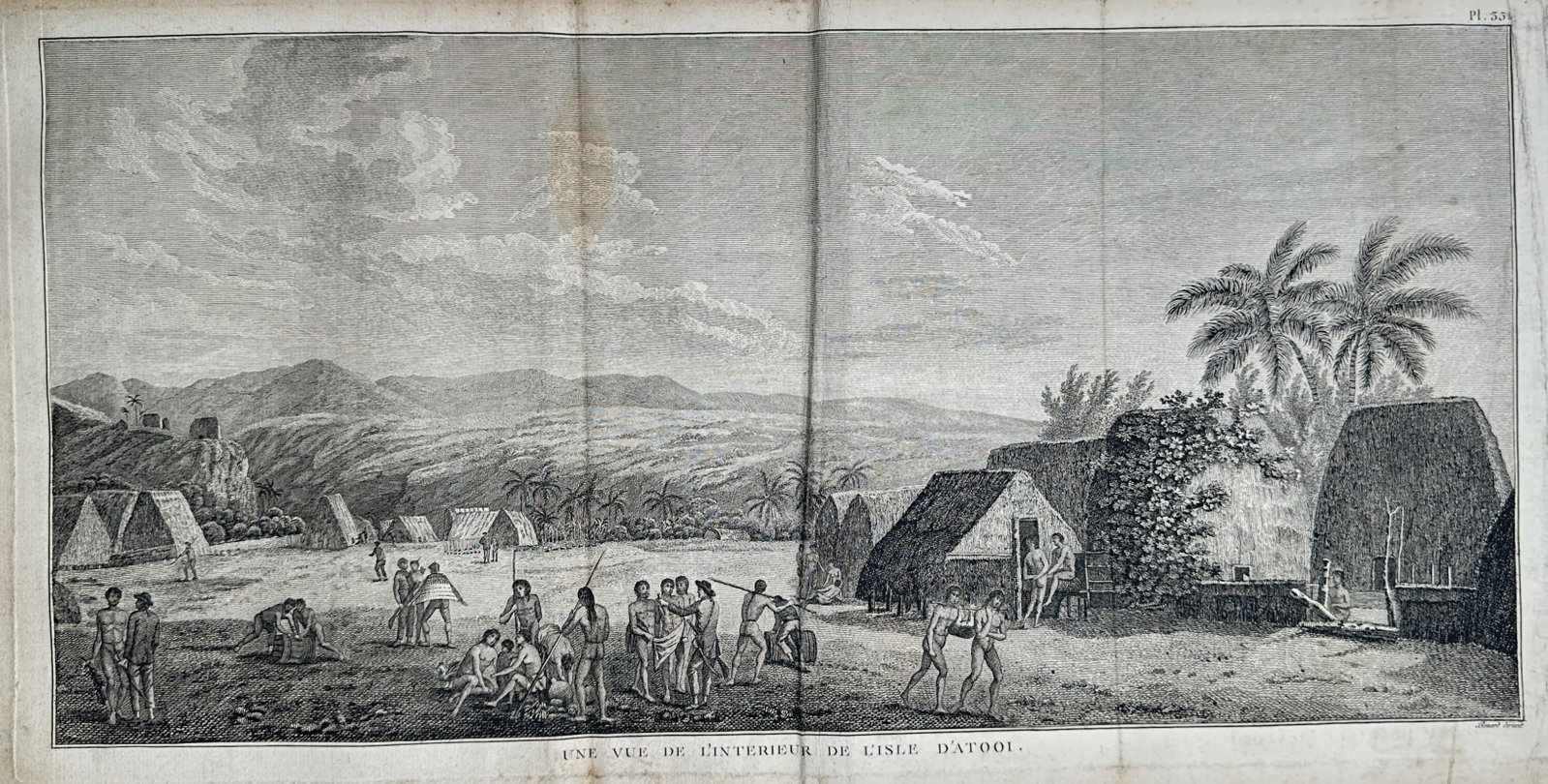 John Webber (1751–1793) – Inland View of the Island of Kauai – Copper engraving (c. 1784): "Une Vue de l'Interieur de l'Isle d'Atooi" illustrates a broad overview of an ethnographic landscape documenting a village settlement on the island of Kauai, historically referred to as Atooi, encount