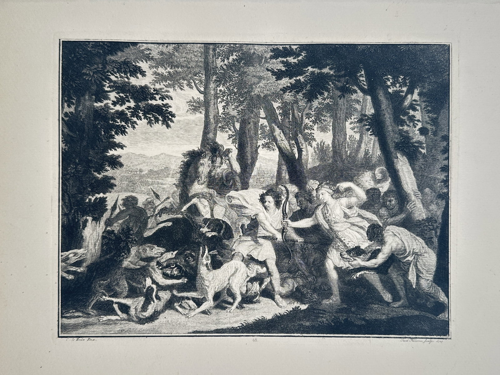 Charles Le Brun (1619–1690) – Classical Hunting Scene – Engraving (1680): "Classical Hunting Scene" designates a dramatic mythological or historical composition set within a dense, overhanging forest. The central narrative captures an intense struggle during a hunt, portray