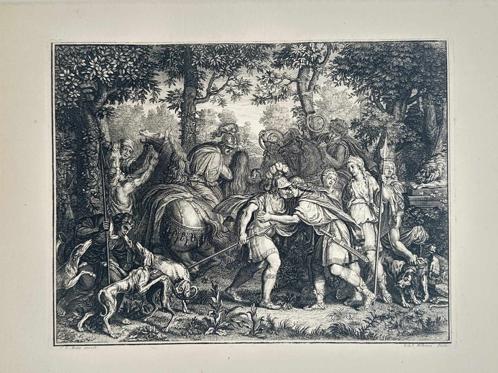 Charles Le Brun (1619–1690) – Classical Military Encounter – Engraving (1680): "Classical Military Encounter" designates a complex historical or mythological composition set within a dense forest clearing. The central imagery portrays a dramatic meeting or reconciliation between