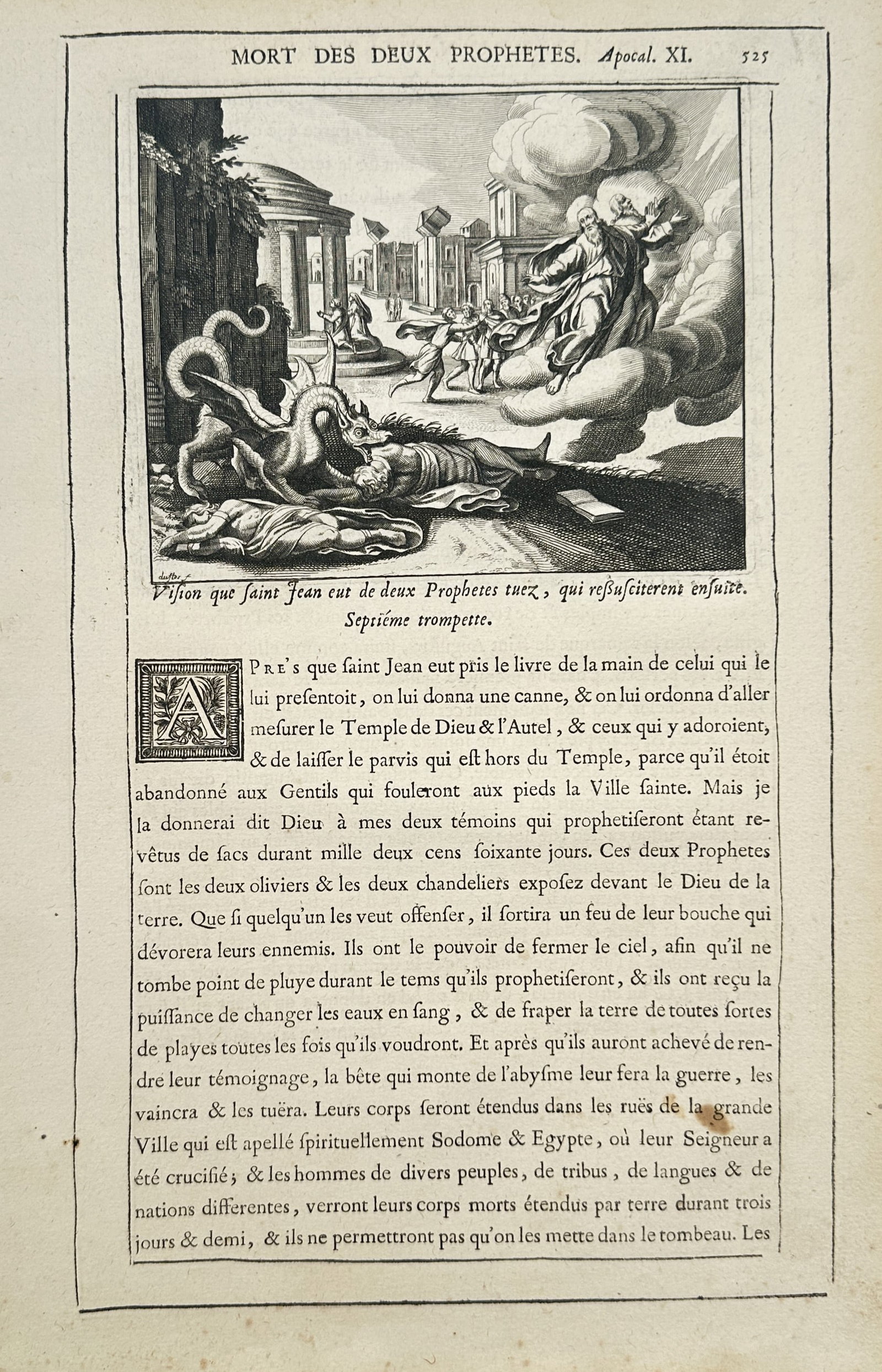 Isaac Lemaistre de Sacy (1613–1684) – The Death of the Two Prophets – Engraving (1670): "Mort Des Deux Prophetes" presents an apocalyptic illustration from the Book of Revelation integrated within a page of text. The composition captures a dramatic visionary scene set amidst ruined class