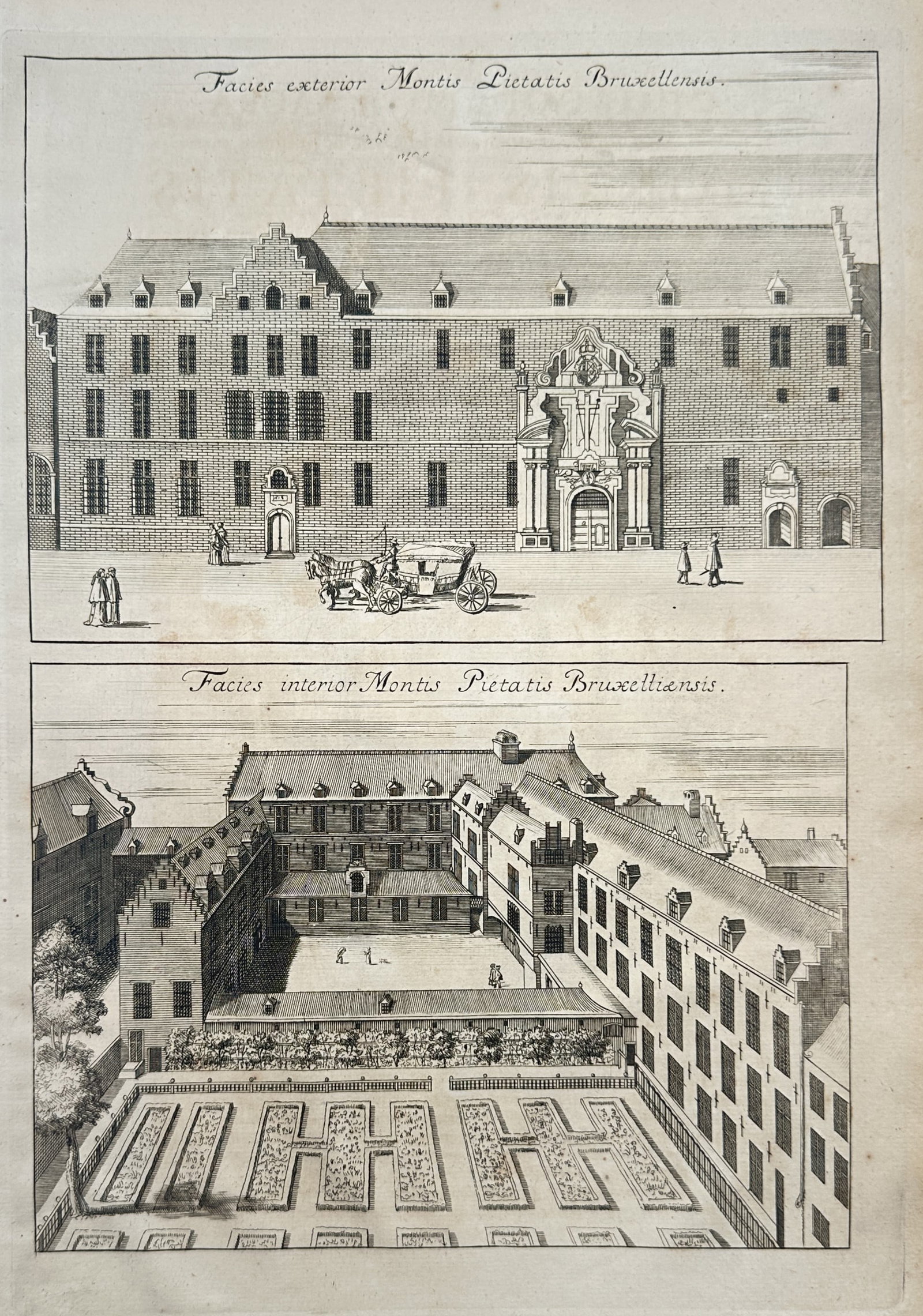 Antonius Sanderus – Architectural Views of the Mount of Piety in Brussels – Copper Engraving: "Chorographia Sacra Brabantiae" presents an individual topographical plate displaying two distinct architectural views of the Mount of Piety institutional building complex in Brussels. The composition