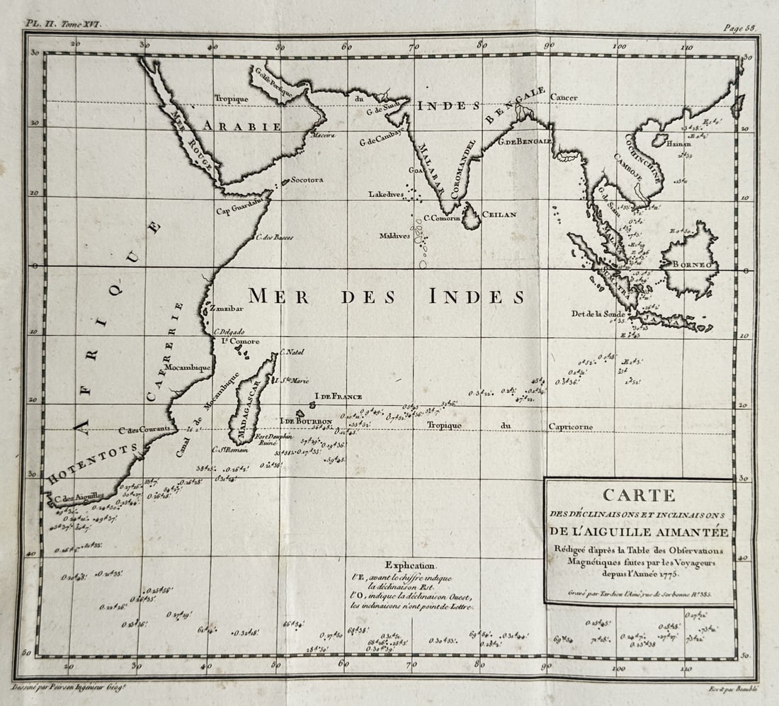 Jean-Baptiste Pierre Tardieu – Map of the Indian Ocean Showing Magnetic Declinations – France (1 of 2)