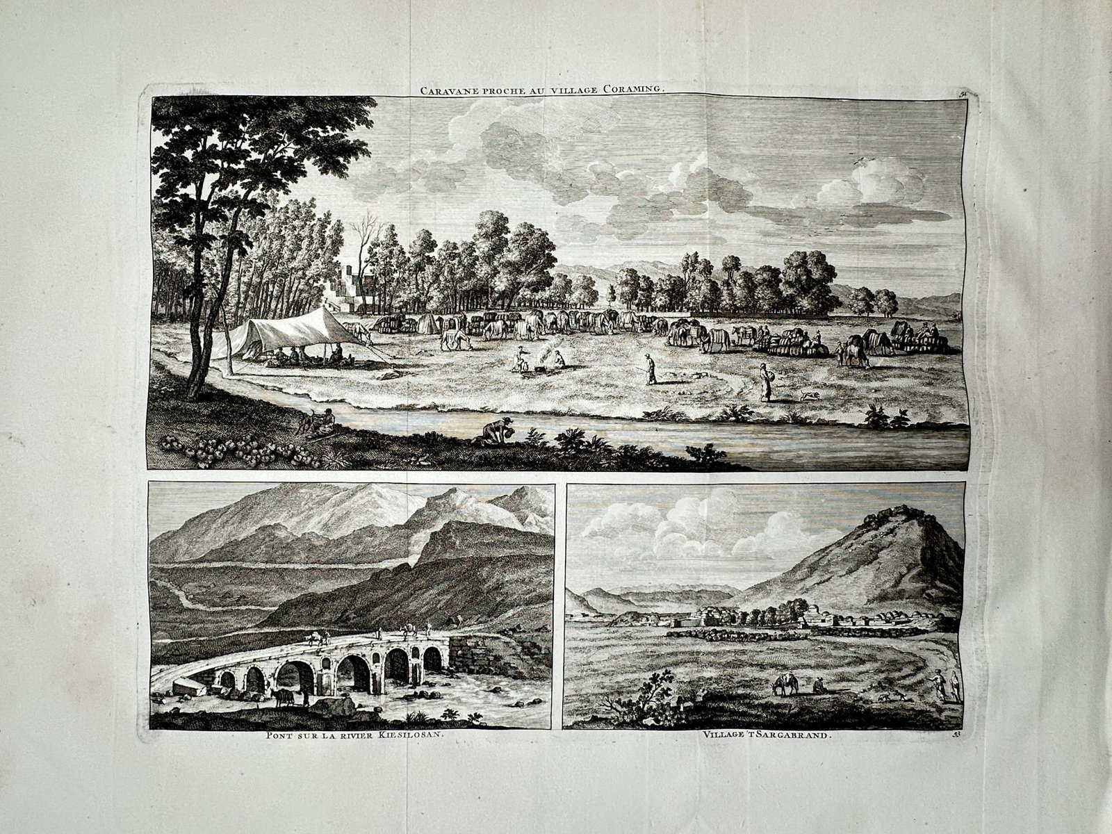 Cornelis de Bruyn – Views of a Caravan near Coramto, a Bridge over the Kizelouzan, and Sangarrand (1 of 2)