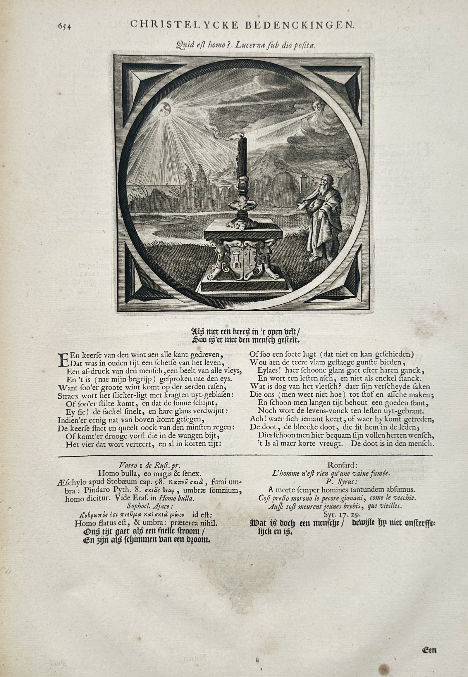 Jacob Cats – Emblematic Illustration of a Man and a Candle – Netherlands – Copper Engraving (1 of 2)