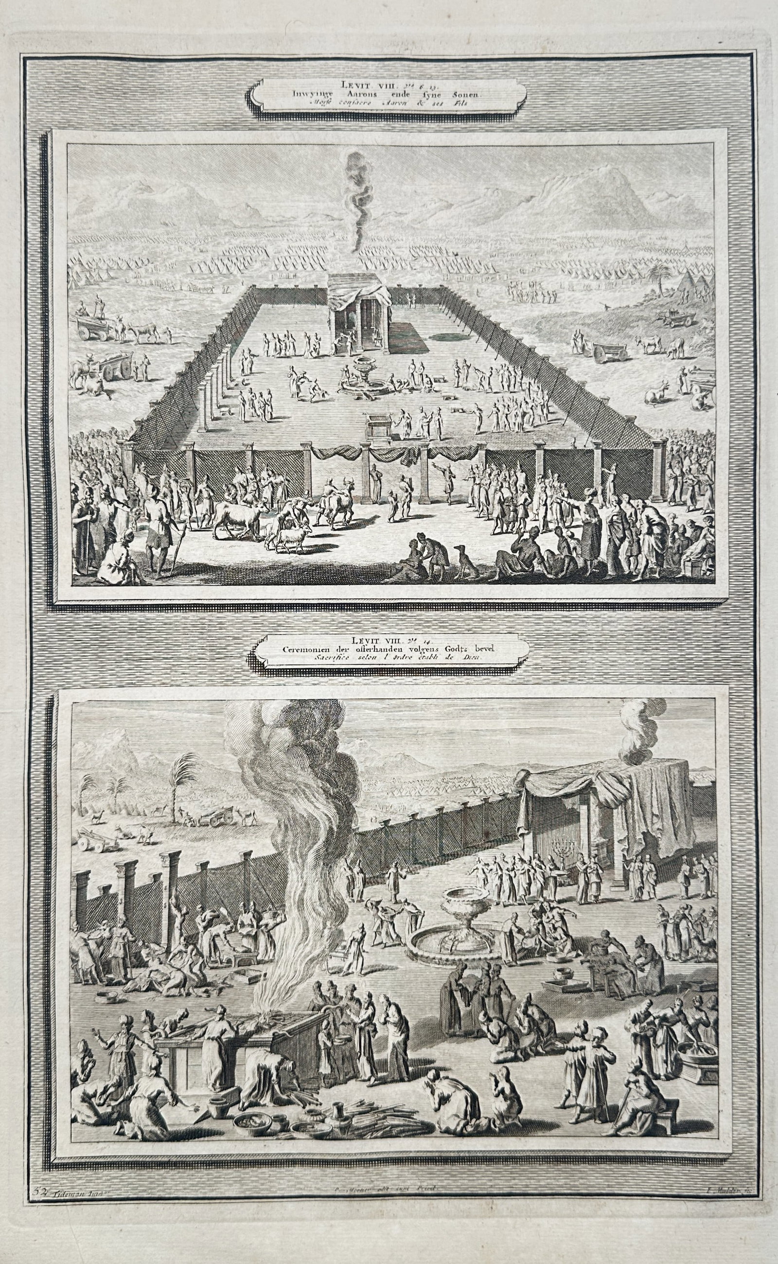 Pieter Mortier – Biblical Scenes from the Book of Leviticus – Netherlands – Copper Engraving: "Historie des Ouden en Nieuwen Testaments" presents an individual biblical plate displaying two distinct narrative scenes from the Book of Leviticus, arranged vertically within separate decorative fra
