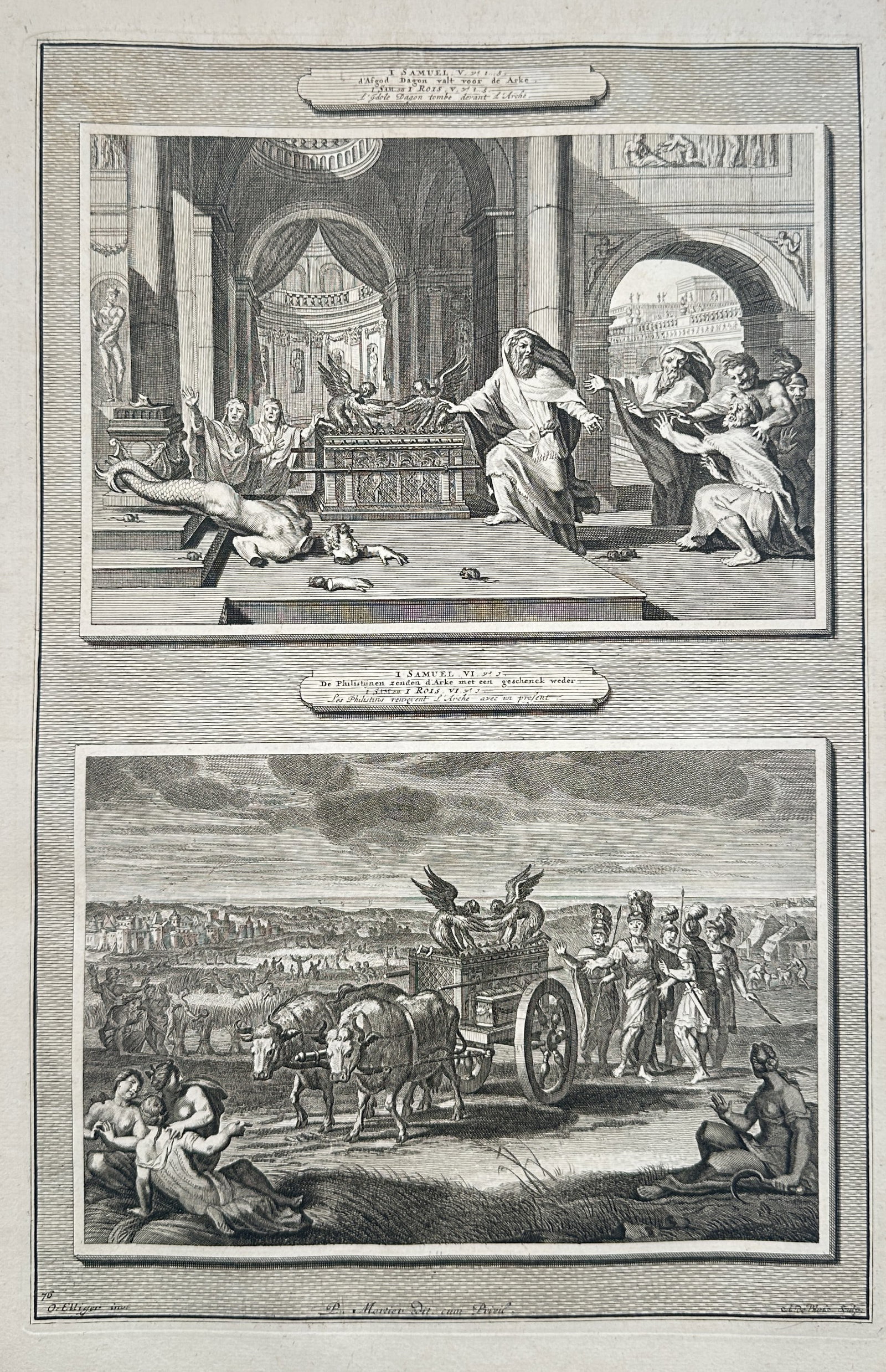 Pieter Mortier – Biblical Scenes of Dagon and the Return of the Ark – Netherlands: "Historie des Ouden en Nieuwen Testaments" presents an individual biblical plate displaying two distinct narrative scenes from the First Book of Samuel, arranged vertically within separate decorative 