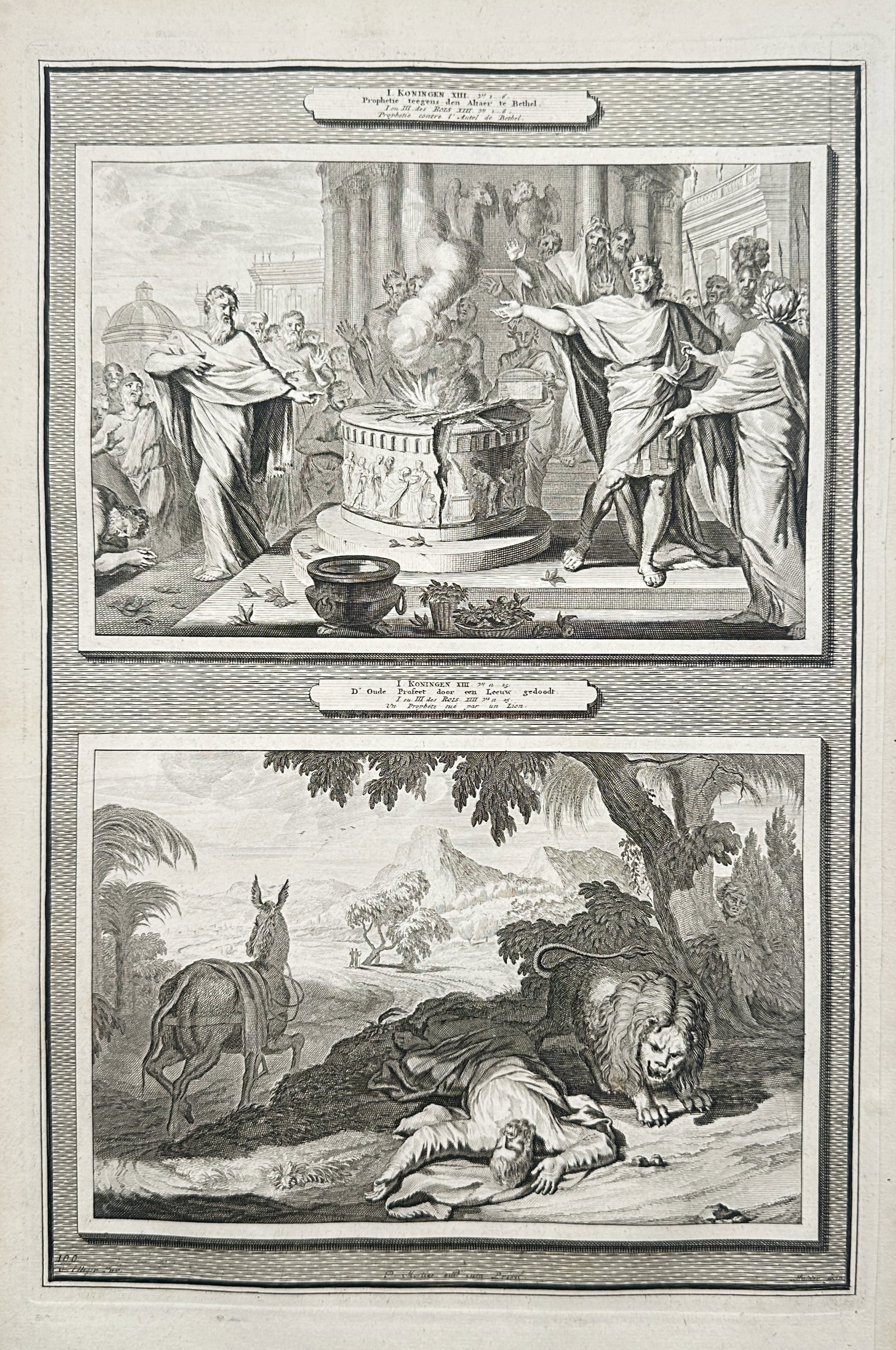 Pieter Mortier – Biblical Scenes of Jeroboam and the Disobedient Prophet – Netherlands: "Historie des Ouden en Nieuwen Testaments" presents an individual biblical plate displaying two distinct narrative scenes from the First Book of Kings, arranged vertically within separate decorative f
