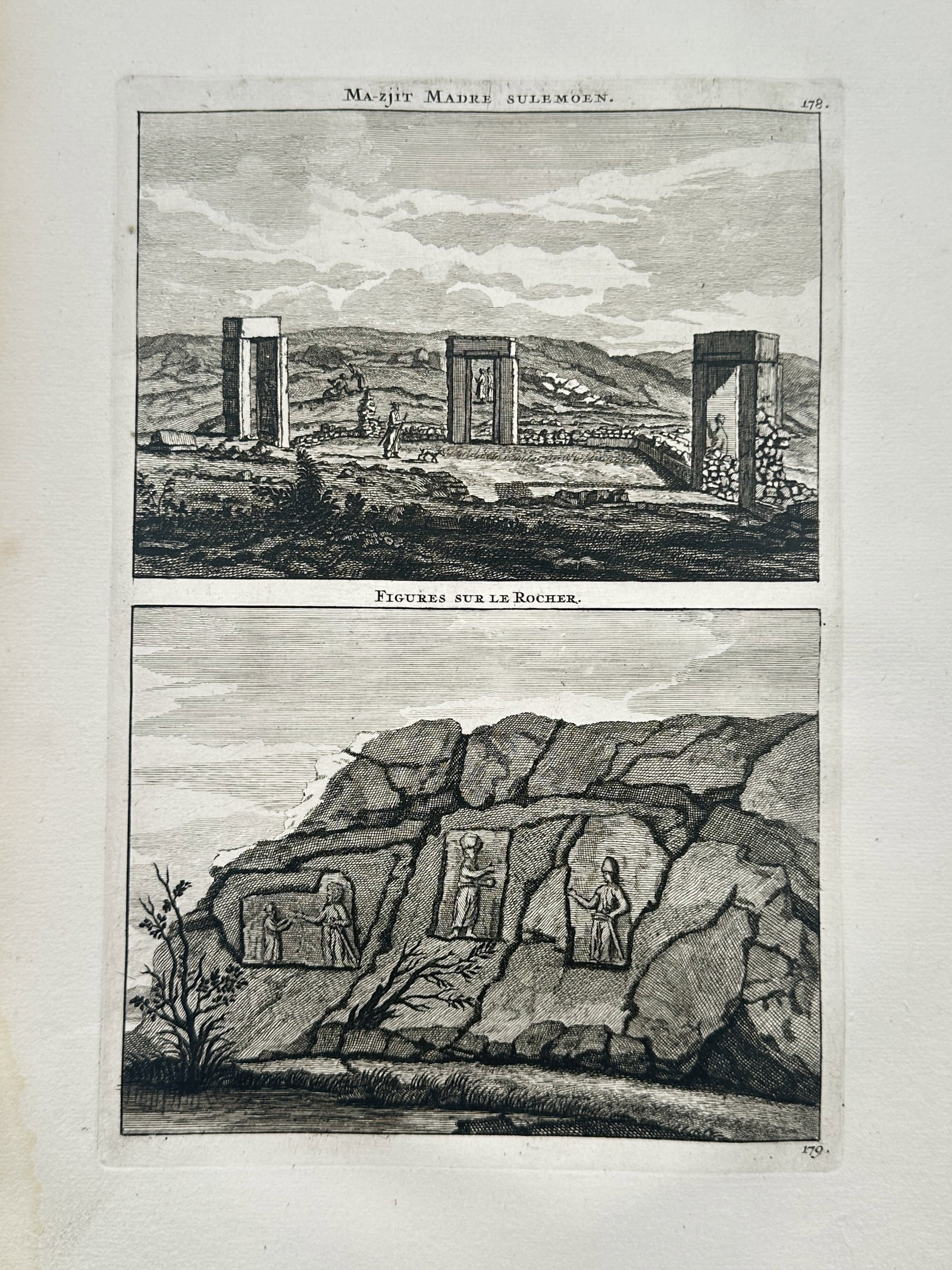 Cornelis de Bruijn – Ancient Ruins of Pasargadae and Rock Reliefs – Netherlands: "Ma-zjit Madre Sulemoen" presents an antiquarian topographical plate displaying two distinct views of ancient archaeological remains in Persia, arranged vertically within separate framed panels. The u
