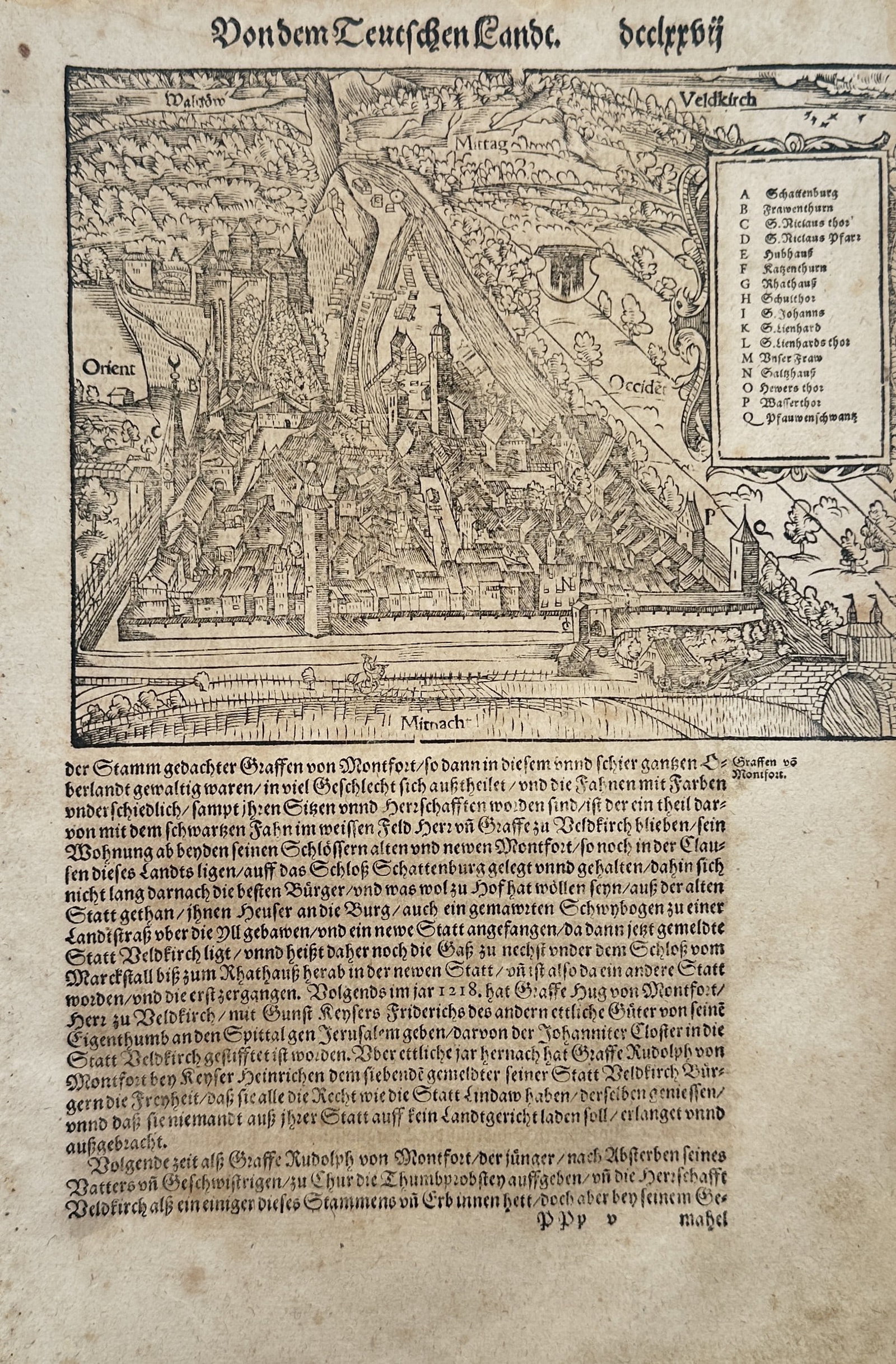 Sebastian Münster (1488–1552) – Topographical View of Feldkirch – Austria – Woodcut (c. (1 of 2)