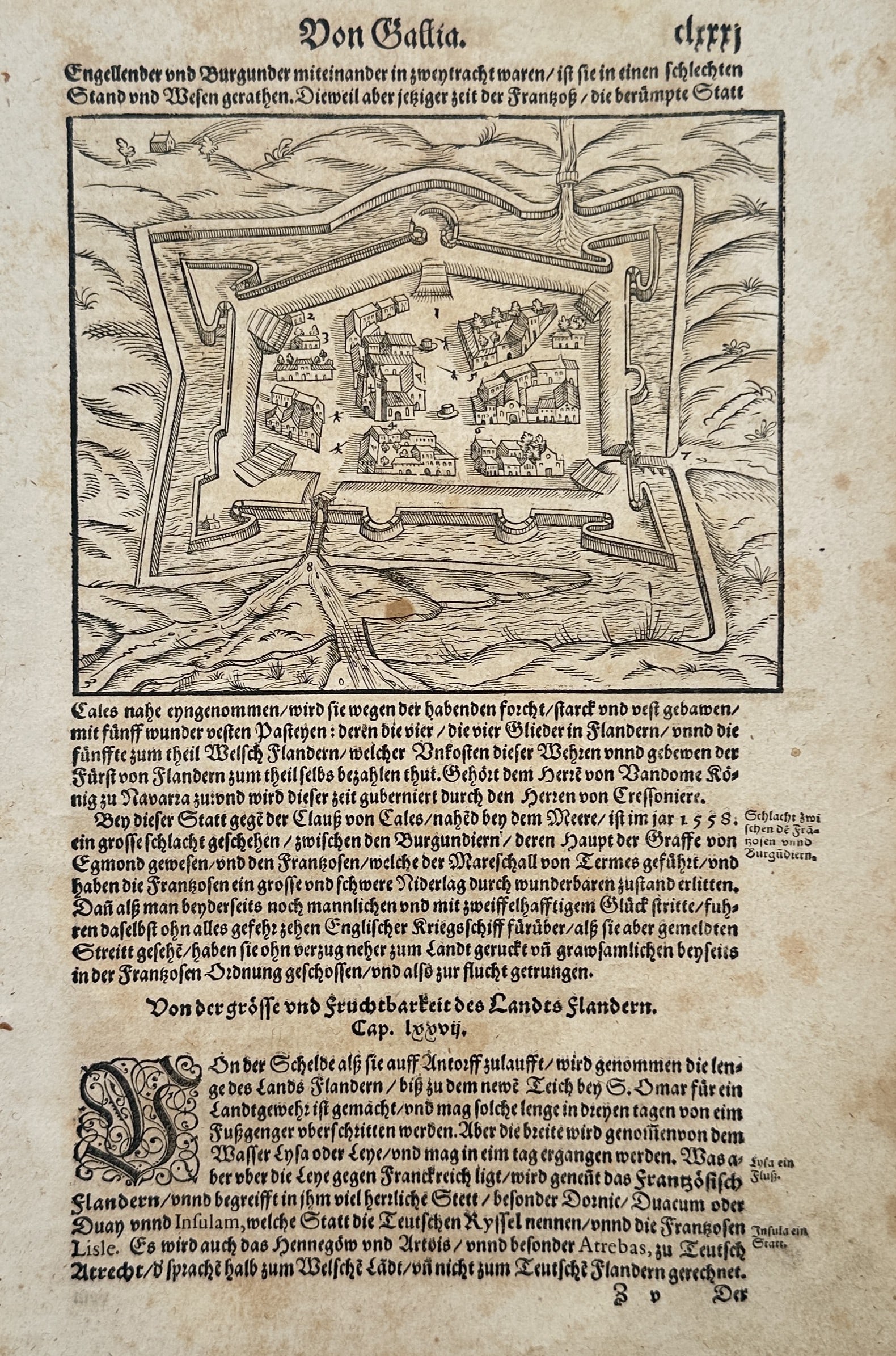 Sebastian Münster (1488–1552) – Topographical View of Calais Fortifications – France – (1 of 2)