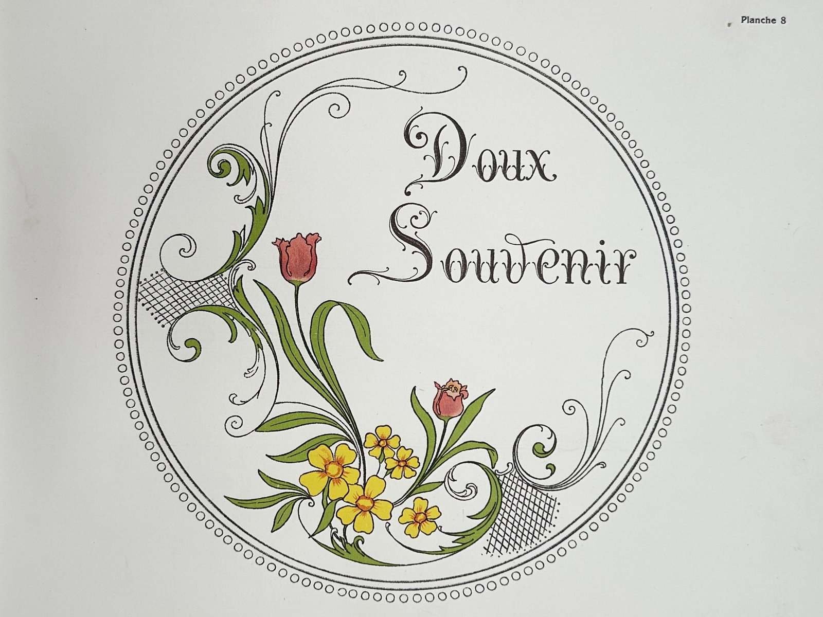 Alphonse Mucha – Art Nouveau Calligraphic Design with Flowers – Czech Republic – Lithograph: "Doux Souvenir" presents an individual decorative design plate displaying elegant typography and floral motifs rendered in the distinctive Art Nouveau style, enclosed within a large circular border fo
