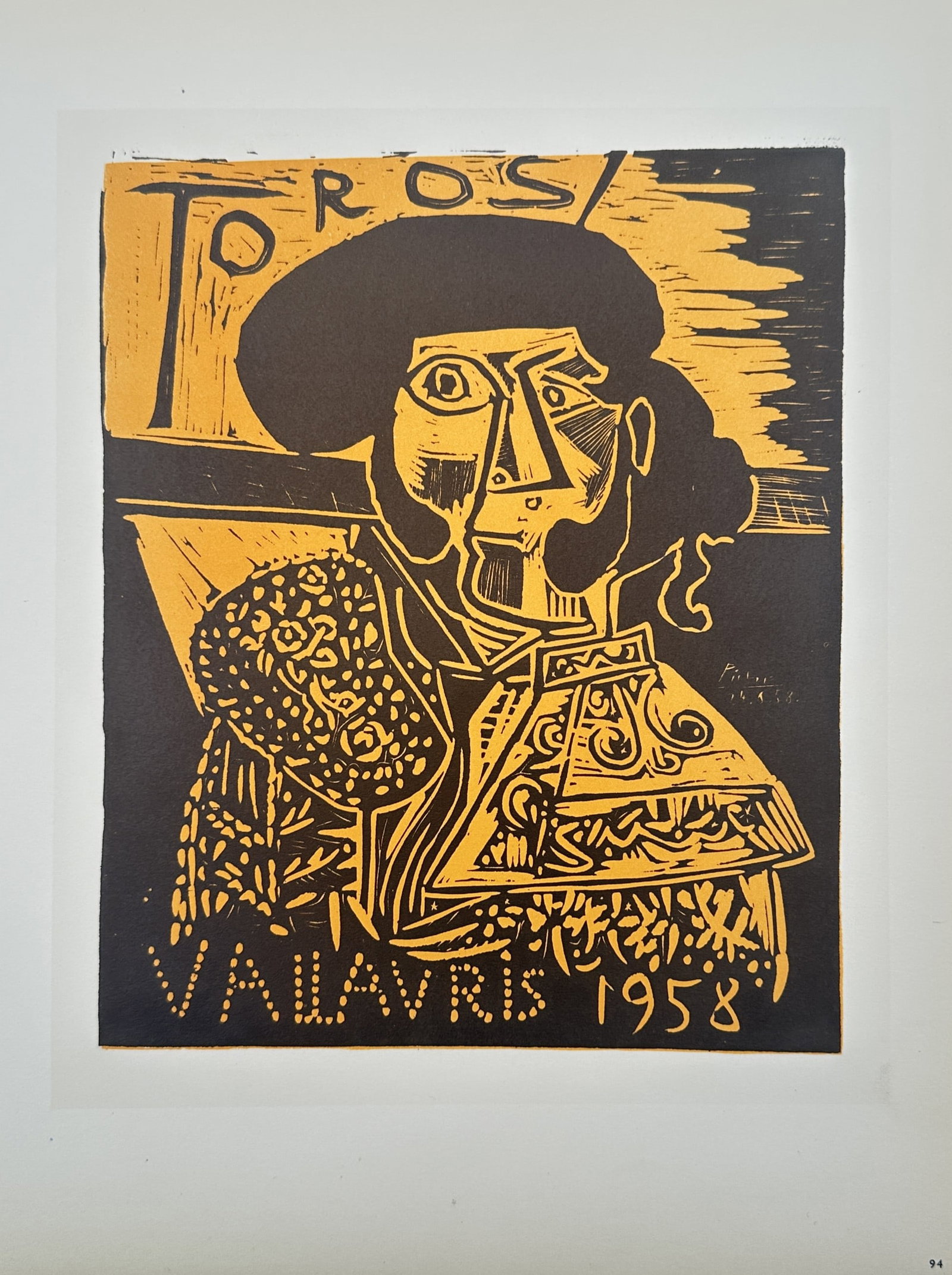Pablo Picasso (1881–1973), after – Poster for Toros Vallauris 1958 – Offset print (20th: "Toros Vallauris 1958" presents an individual graphic plate displaying a cubist portrait of a matador, designed as an exhibition poster and set within a broad cream-colored paper field. The striking c