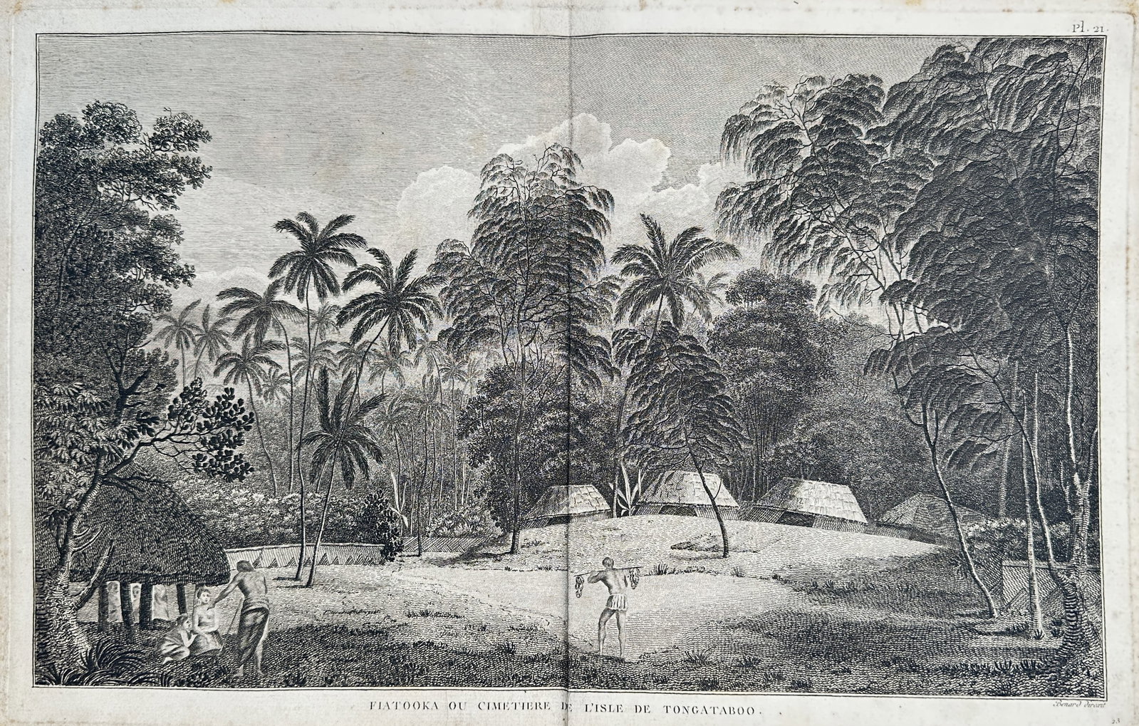 John Webber – View of a Cemetery on the Island of Tongatapu – Copper engraving (1784): "Fiatooka ou Cimetiere de l'Isle de Tongataboo" This copper engraving provides a broad view of a burial ground on the island of Tongatapu, featuring traditional structures and figures set within a lus