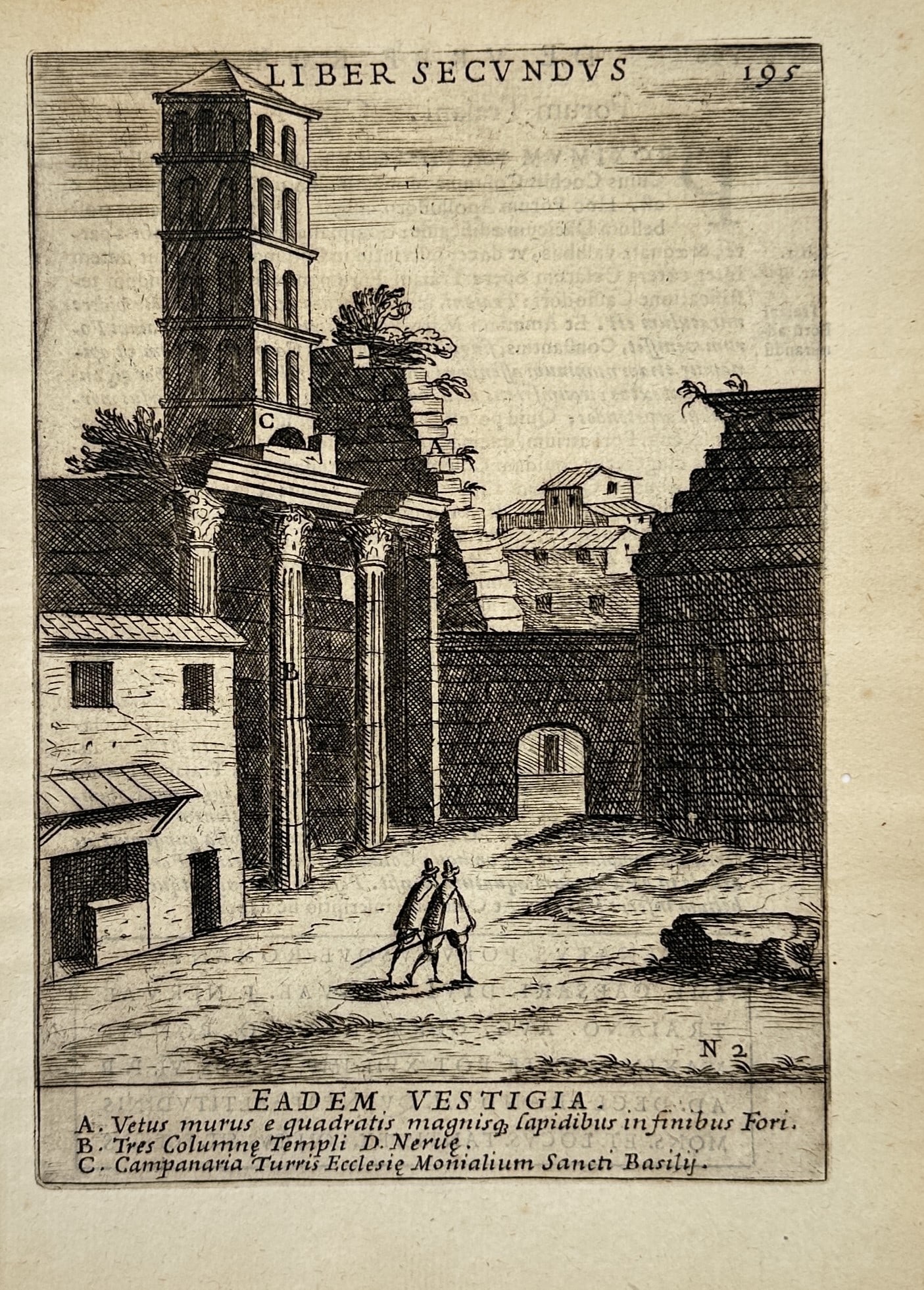 Alessandro Donati – View of Classical Ruins and the Bell Tower of San Basilio – Copper engraving (1 of 2)