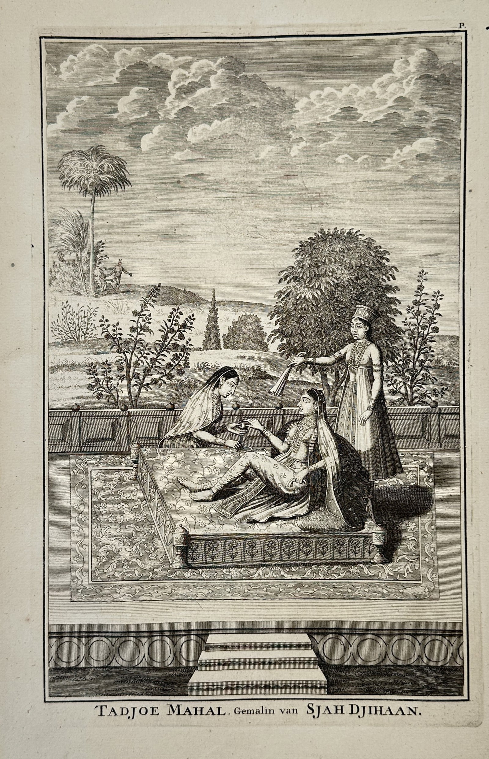 François Valentijn – Portrait of Mumtaz Mahal – Copper engraving (1726): "Tadjoe Mahal, Gemalin van Sjah Djihaan" This copper engraving features a historical portrait depicting Mumtaz Mahal, the consort of Mughal Emperor Shah Jahan, seated on a raised dais over a patterned