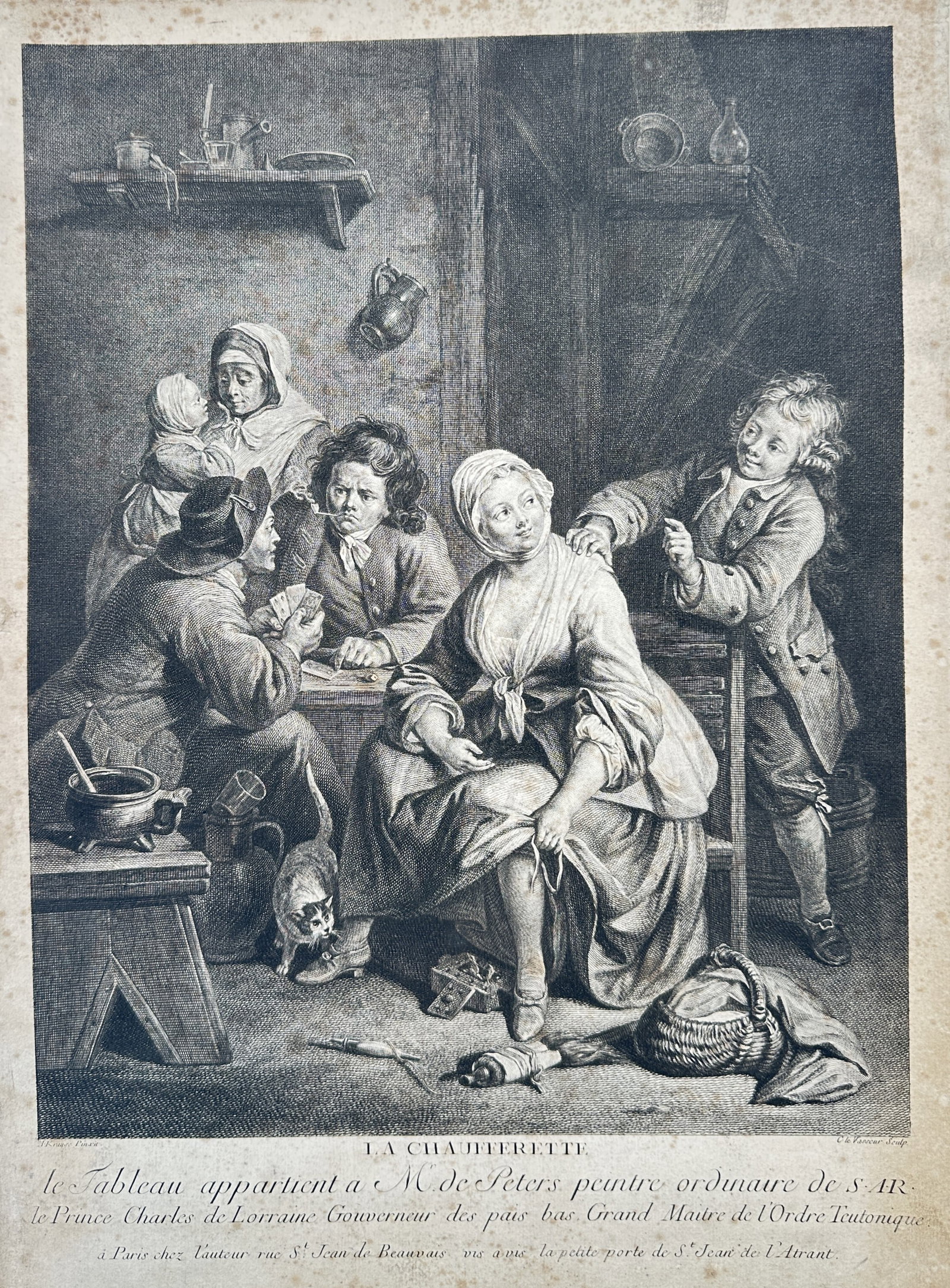 Jean-Charles Le Vasseur (1734–1816) – Rustic Interior Scene with Figures and a Foot Warmer (1 of 2)