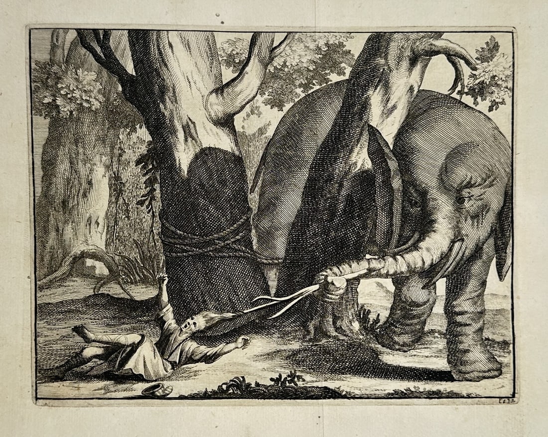 Pieter van der Aa (1659–1733) – View of an Elephant Attacking a Man – Engraving (1707) (1 of 2)