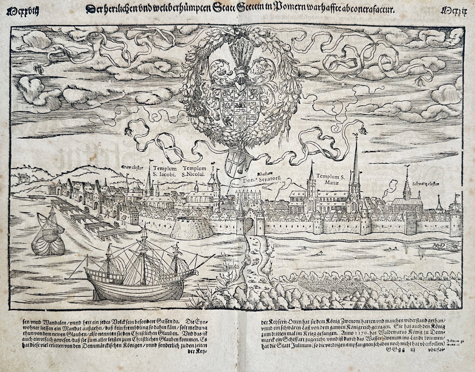 Sebastian Münster (1488–1552) – Map of Stettin – Poland – Woodcut (c. 1550–1628): "Der herrlichen vnd weitberhümpten Stadt Stettin in Pomern warhaffte Abconterfactur." This woodcut presents a panoramic topographical view of the fortified city of Stettin, showing its prominent chur