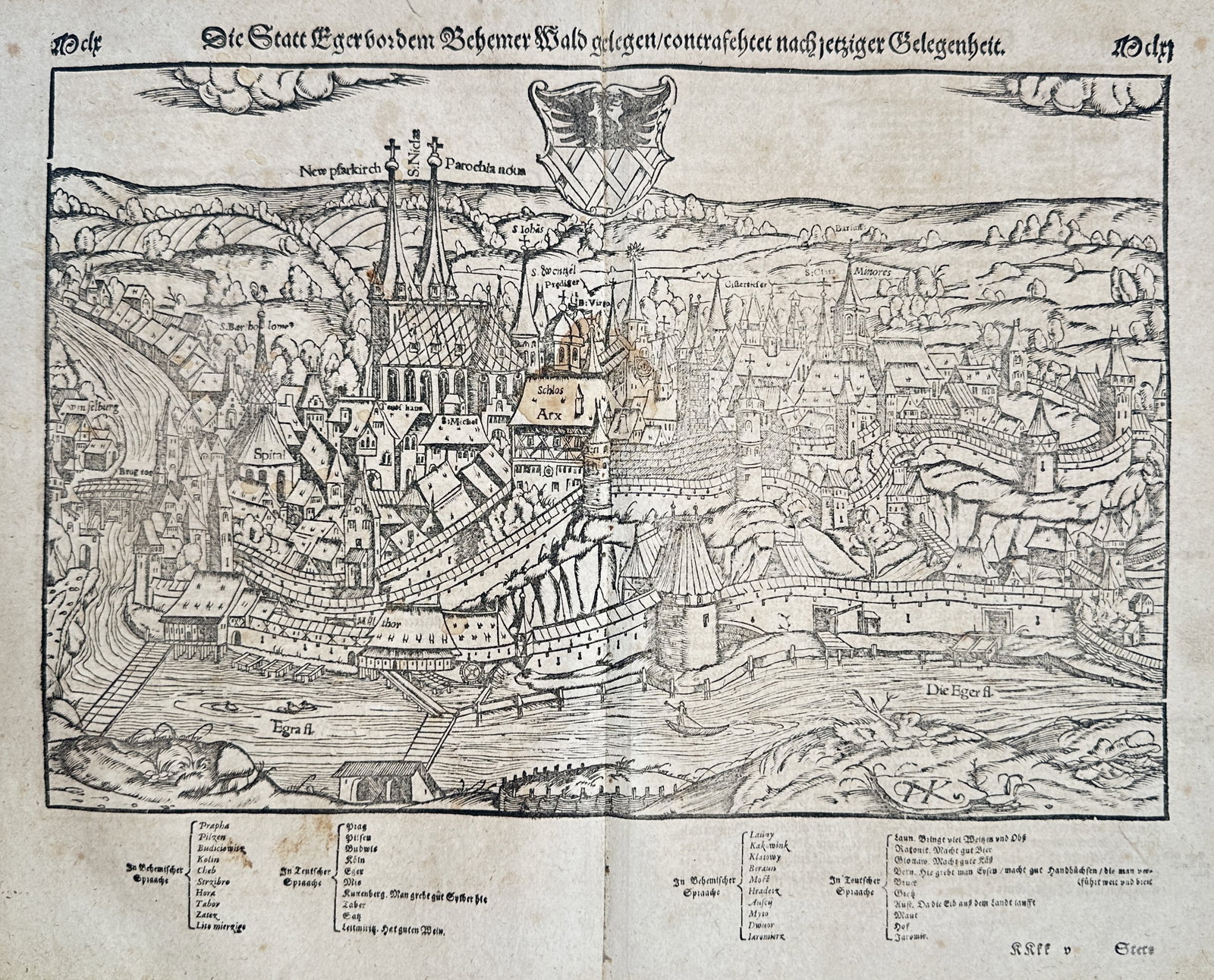 Sebastian Münster (1488–1552) – Map of Eger – Bohemia – Woodcut (c. 1550–1628): "Die Statt Eger vor dem Behemer Wald gelegen, contrafehtet nach jetziger Gelegenheit." This woodcut presents a panoramic topographical view of the fortified city of Eger, situated before the Bohemian 