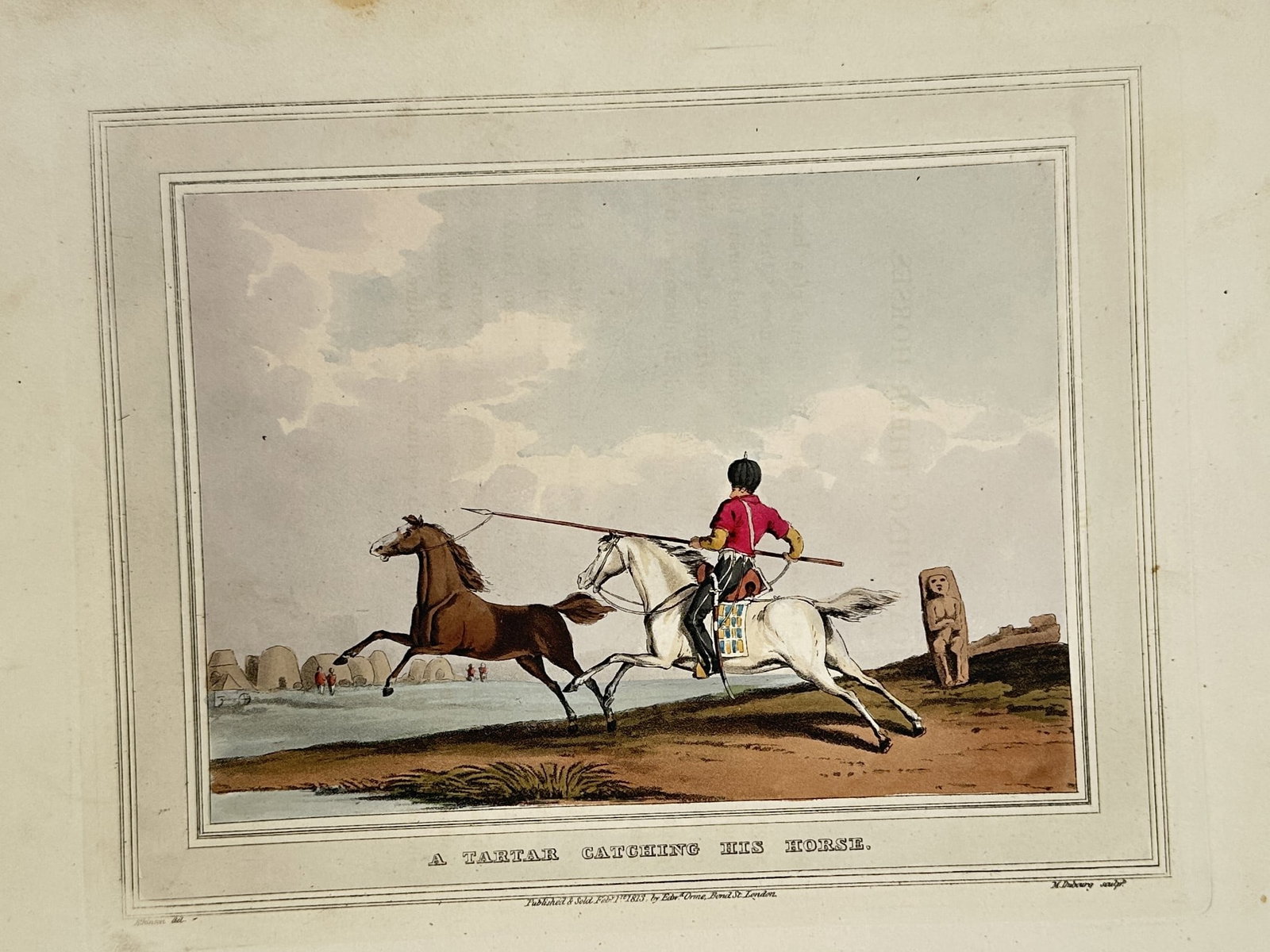 Henry Thomas Alken – View of a Tartar Catching His Horse – Hand-coloured aquatint (1813–1814): "A Tartar Catching His Horse" This hand-coloured aquatint portrays a dynamic equestrian scene set in Central Asia, featuring a horseman dressed in a vibrant red coat and traditional headgear, wielding
