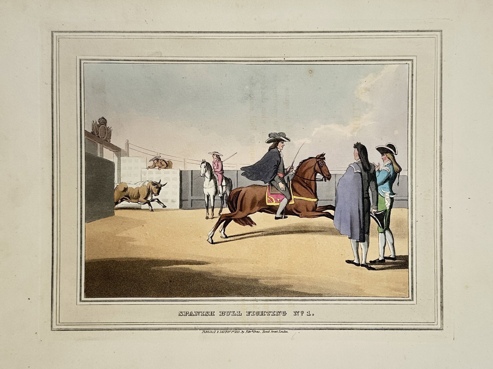 John Heaviside Clark – View of a Spanish Bull Fight – Hand-coloured aquatint (1813–1814) (1 of 2)