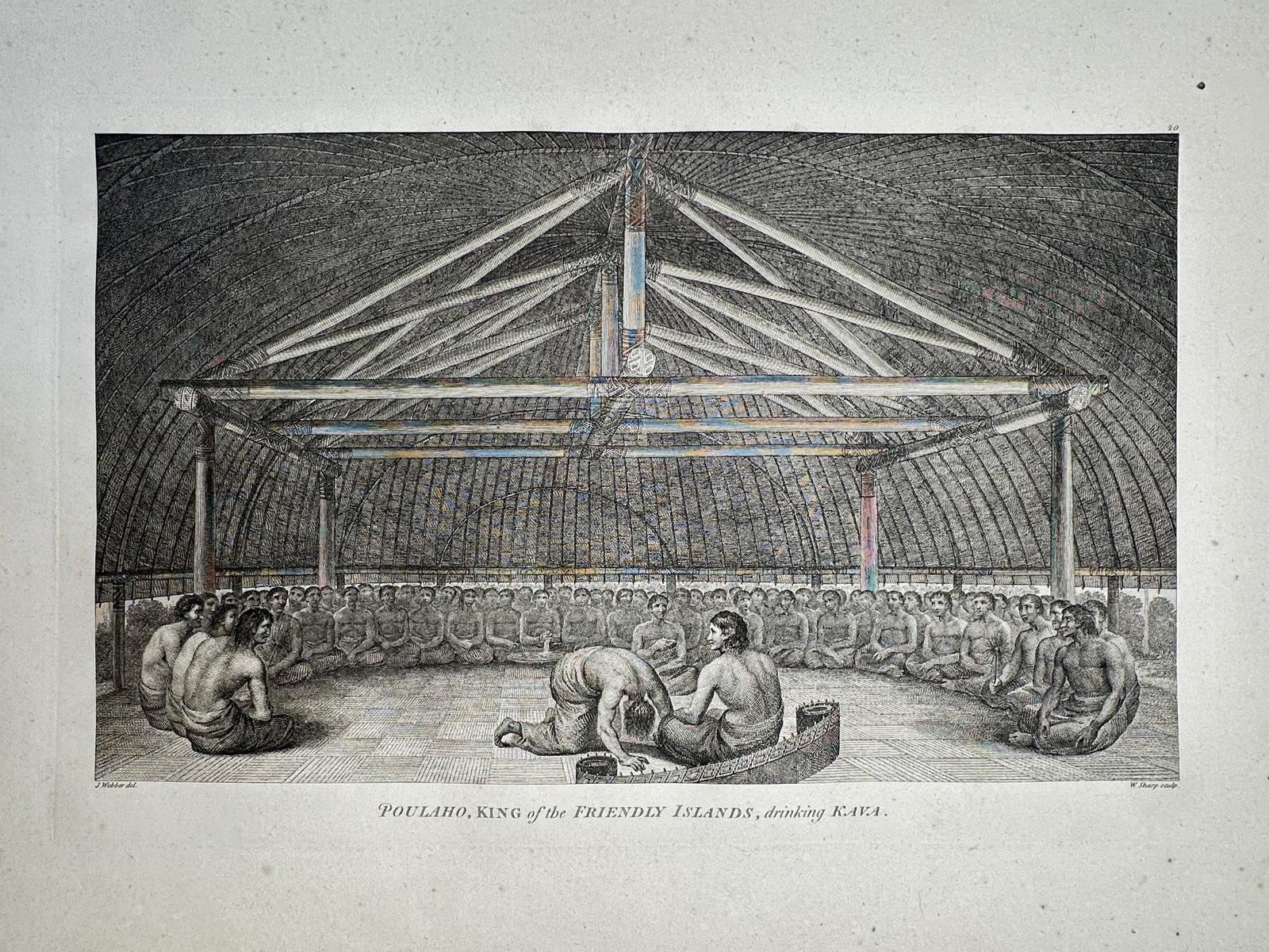 John Webber – Poulaho, King of the Friendly Islands, Drinking Kava – Engraving (c. 1784–1785): "Poulaho, King of the Friendly Islands, Drinking Kava" This engraving presents an ethnographic study depicting a ceremonial gathering inside a large, domed traditional structure with exposed wooden ra