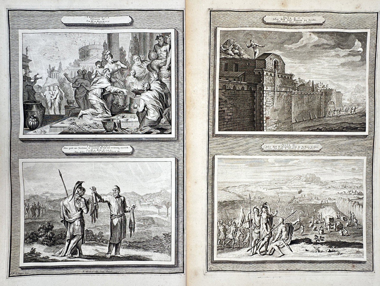 Pieter Mortier – Set of 2: Biblical Scenes from the Old Testament – Copper engraving (1700): "Histoire du Vieux et du Nouveau Testament" This set of two copper engravings presents a series of dramatic biblical studies from the Old Testament, showcasing multiple narrative panels filled with fi