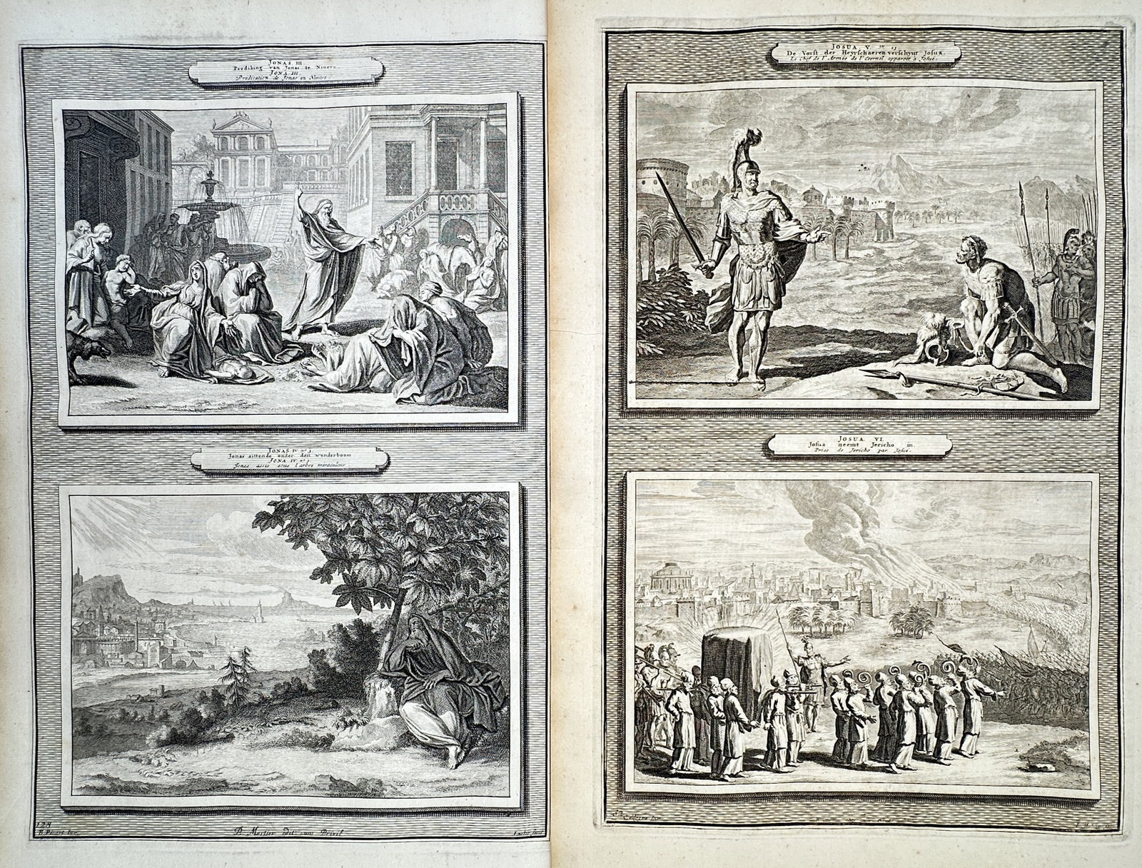 Pieter Mortier – Set of 2: Biblical Scenes from the Old Testament – Copper engraving (1700): "Histoire du Vieux et du Nouveau Testament" This set of two copper engravings presents a series of dramatic biblical studies from the Old Testament, showcasing multiple narrative panels filled with fi