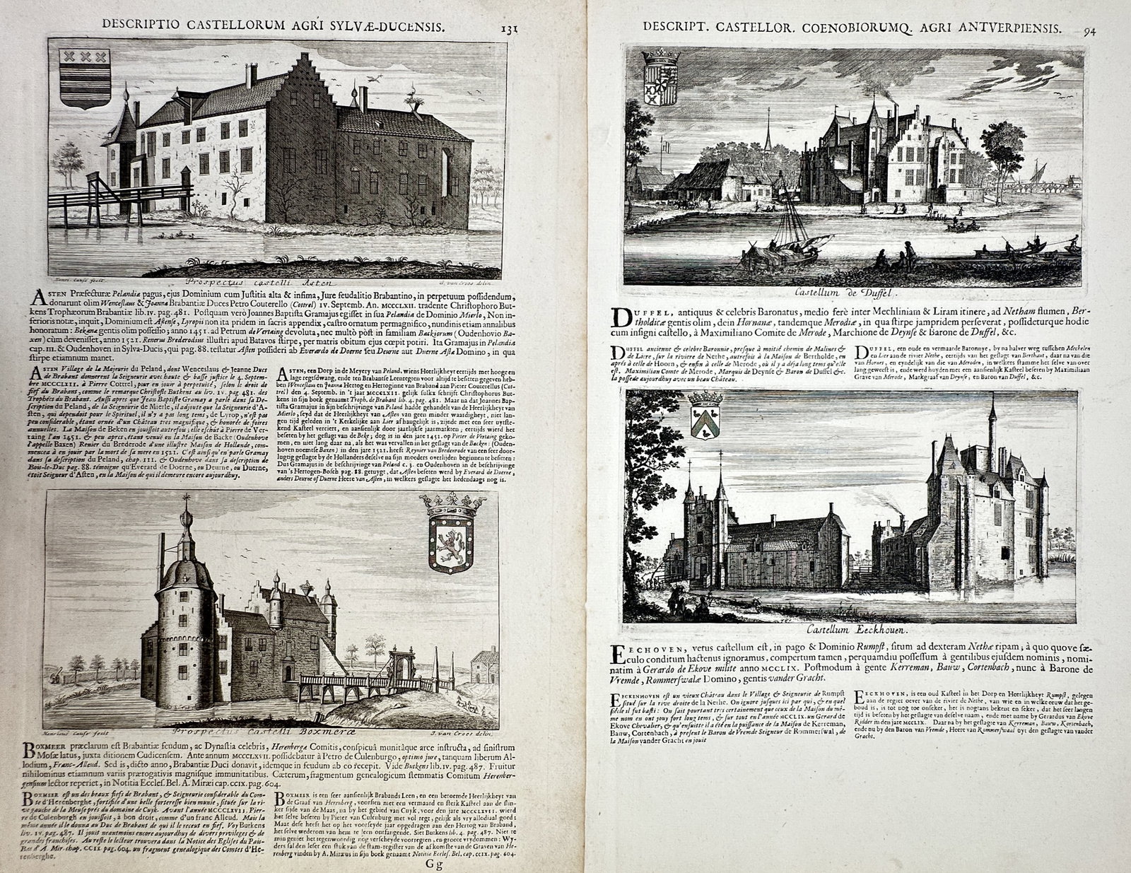 Jacques Le Roy – Set of 2: Views of Castles in s-Hertogenbosch and Antwerp – Copper engraving: Castella et Praetoria Nobilium Brabantiae This set of two copper engravings presents a detailed architectural and historical study of aristocratic estates in the Brabant region, showcasing views of ca