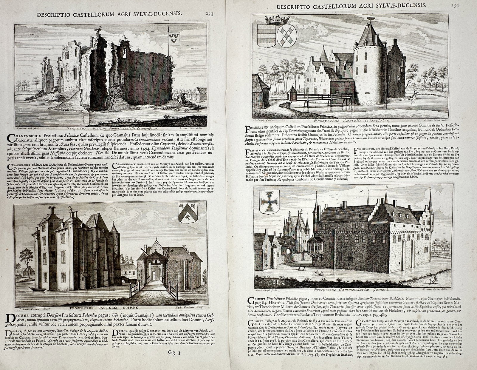 Jacques Le Roy (1656–1722) – Set of 2: Views of Castles in s-Hertogenbosch – Copper engraving (1 of 2)