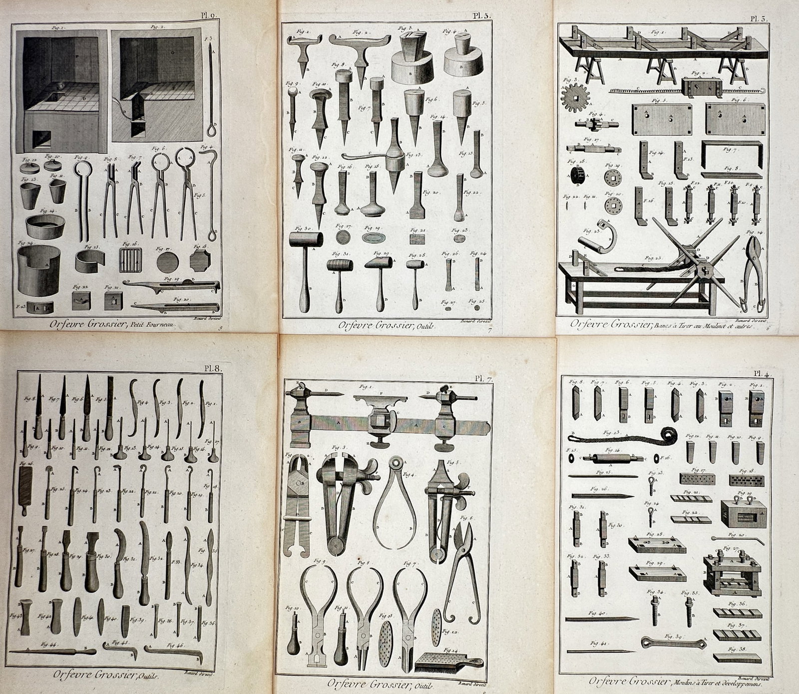 Robert Bénard – Set of 6: Technical Plates of Silversmithing and Heavy Goldsmithing: Encyclopédie ou Dictionnaire Raisonné des Sciences des Arts et des Métiers This set of six copper engravings presents a detailed technical study of eighteenth-century heavy goldsmithing and silvers