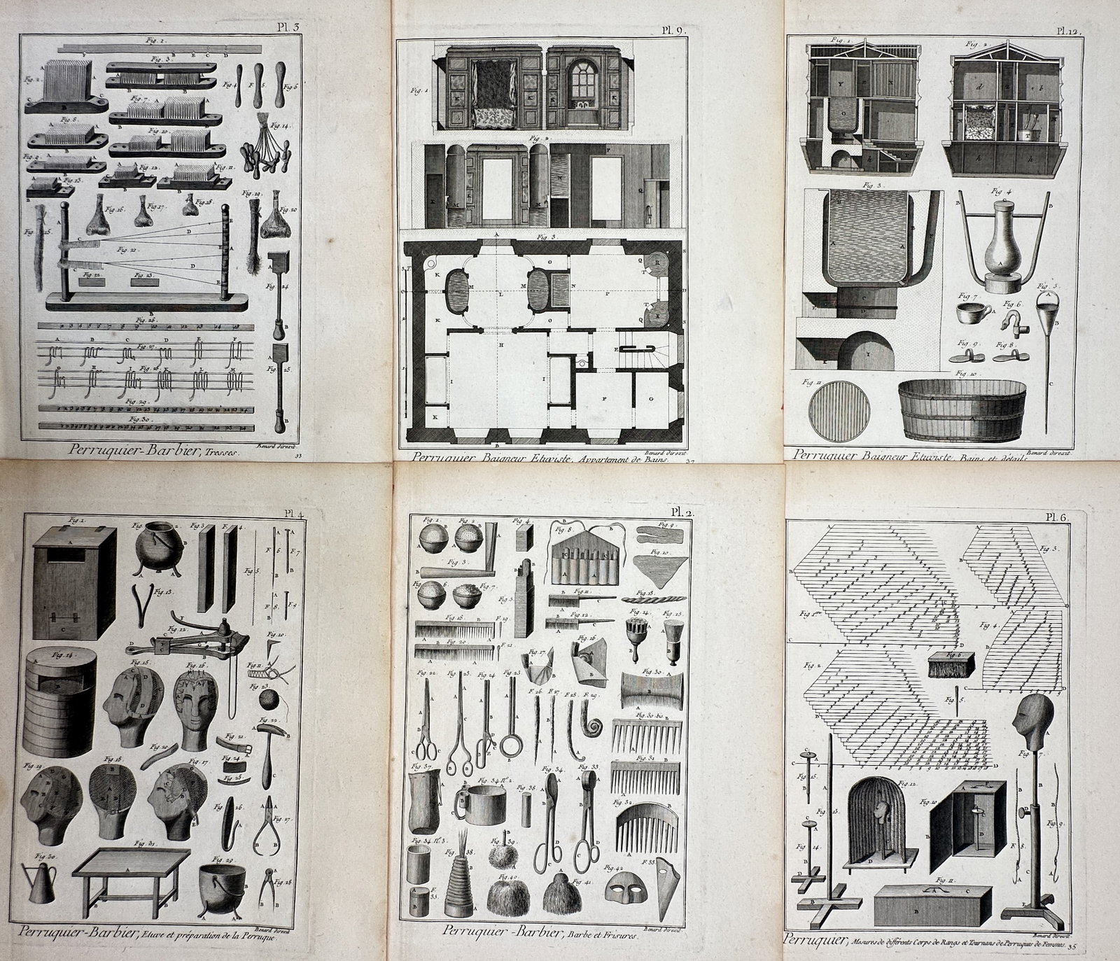 Robert Bénard – Set of 6: Technical Plates of Wigmaking and Barbering – Copper engraving (1 of 2)