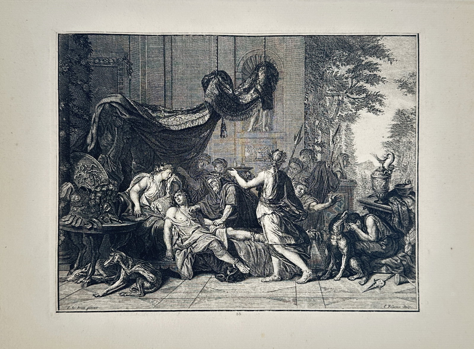 Charles Le Brun – Classical Narrative Scene with Reclining Figure and Attendants – Engraving (1 of 2)