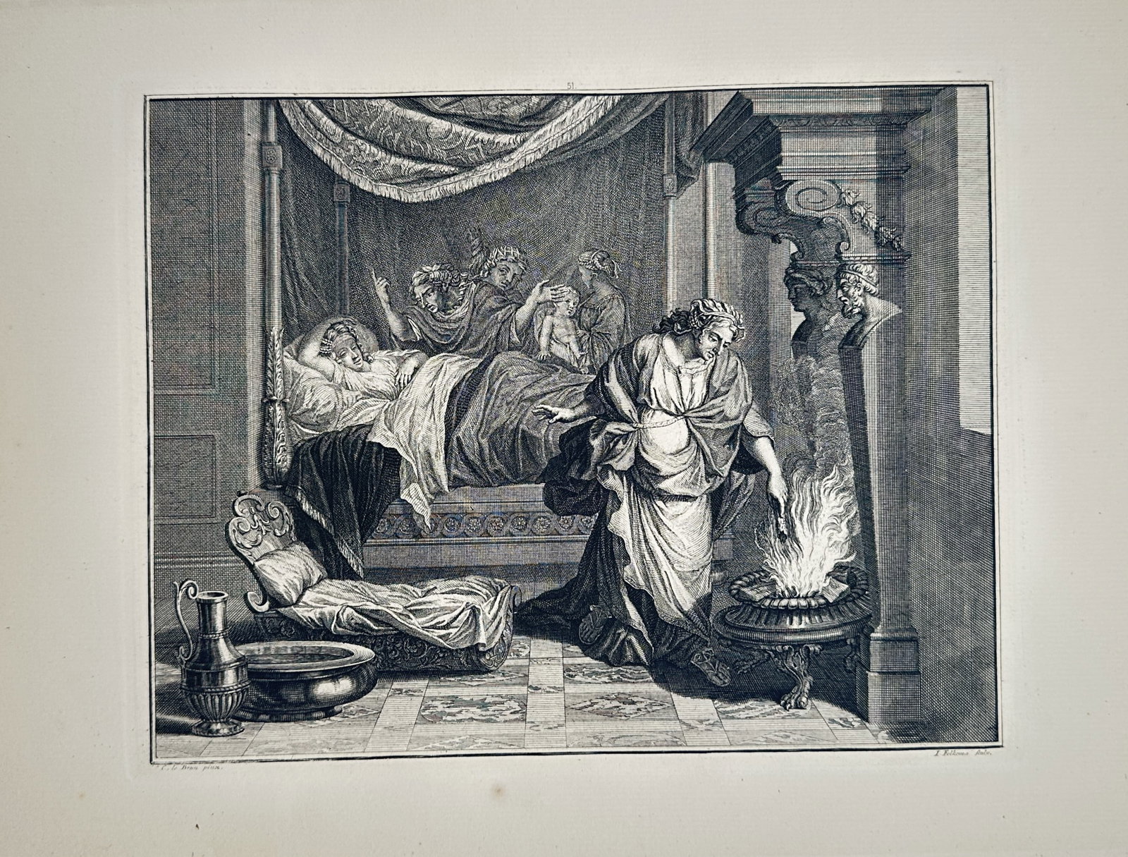 Charles Le Brun – Classical Chamber Scene with Burning Brazier – Engraving (1680) (1 of 2)