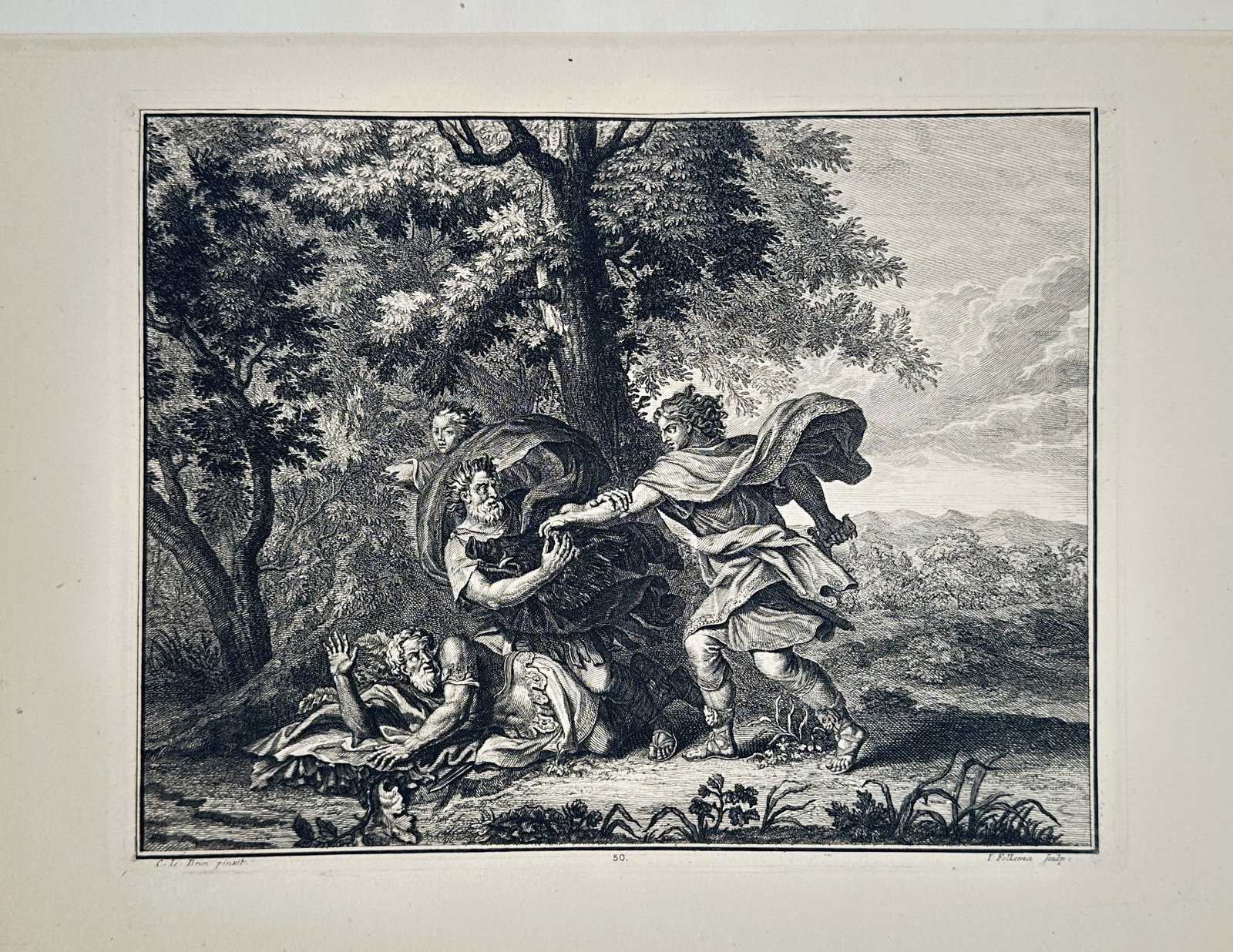 Charles Le Brun – Mythological Scene with Soldiers in a Wooded Landscape – Engraving (1680): Classical Confrontation This engraving presents a detailed classical composition depicting a dramatic narrative confrontation where a soldier clad in a tunic and swirling cape lunges forward to seize 